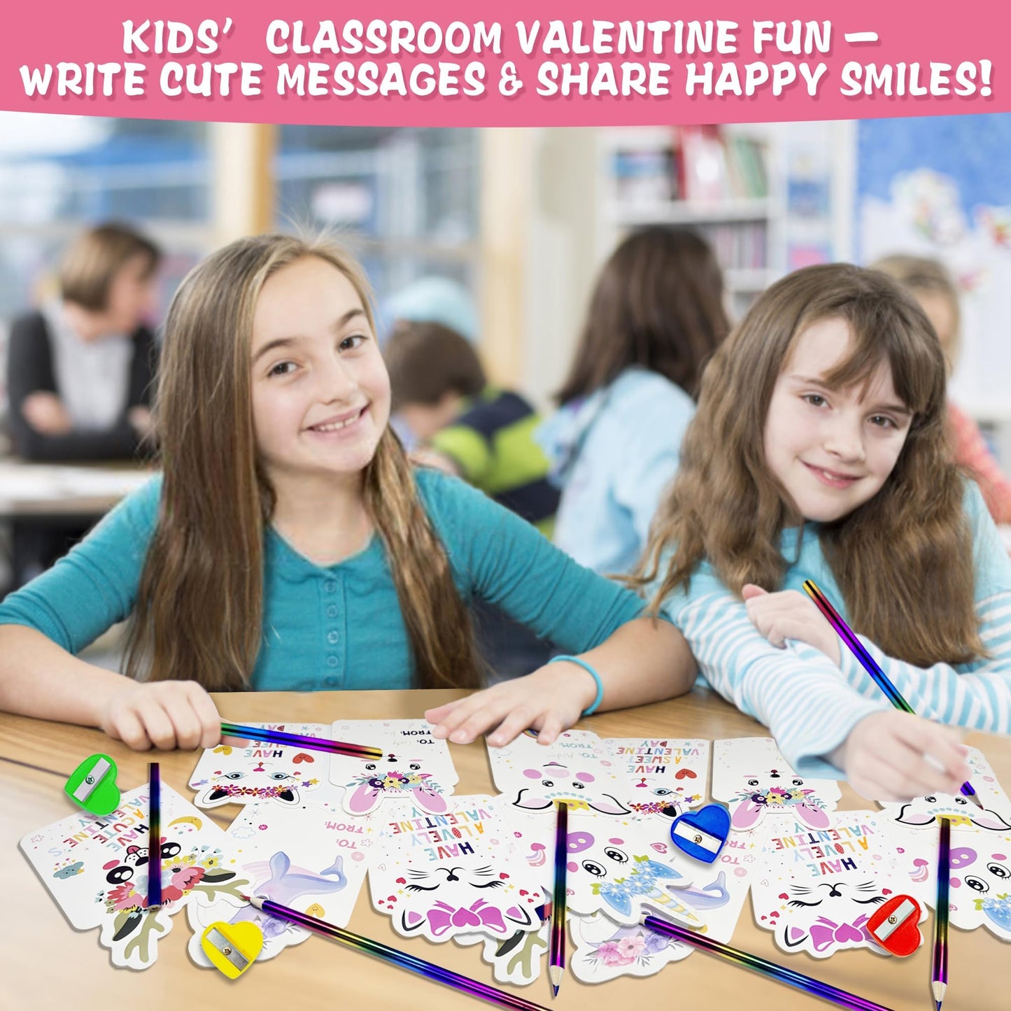 Kiddelo 28 Pack Valentines Cards with Rainbow Pencils & Sharpener | Cute Animal Classroom Gifts