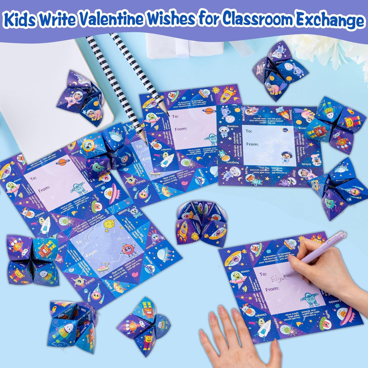 Kiddelo 28-Pack Valentines Day Cards for Kids – Space Themed Cootie Catcher with Envelopes