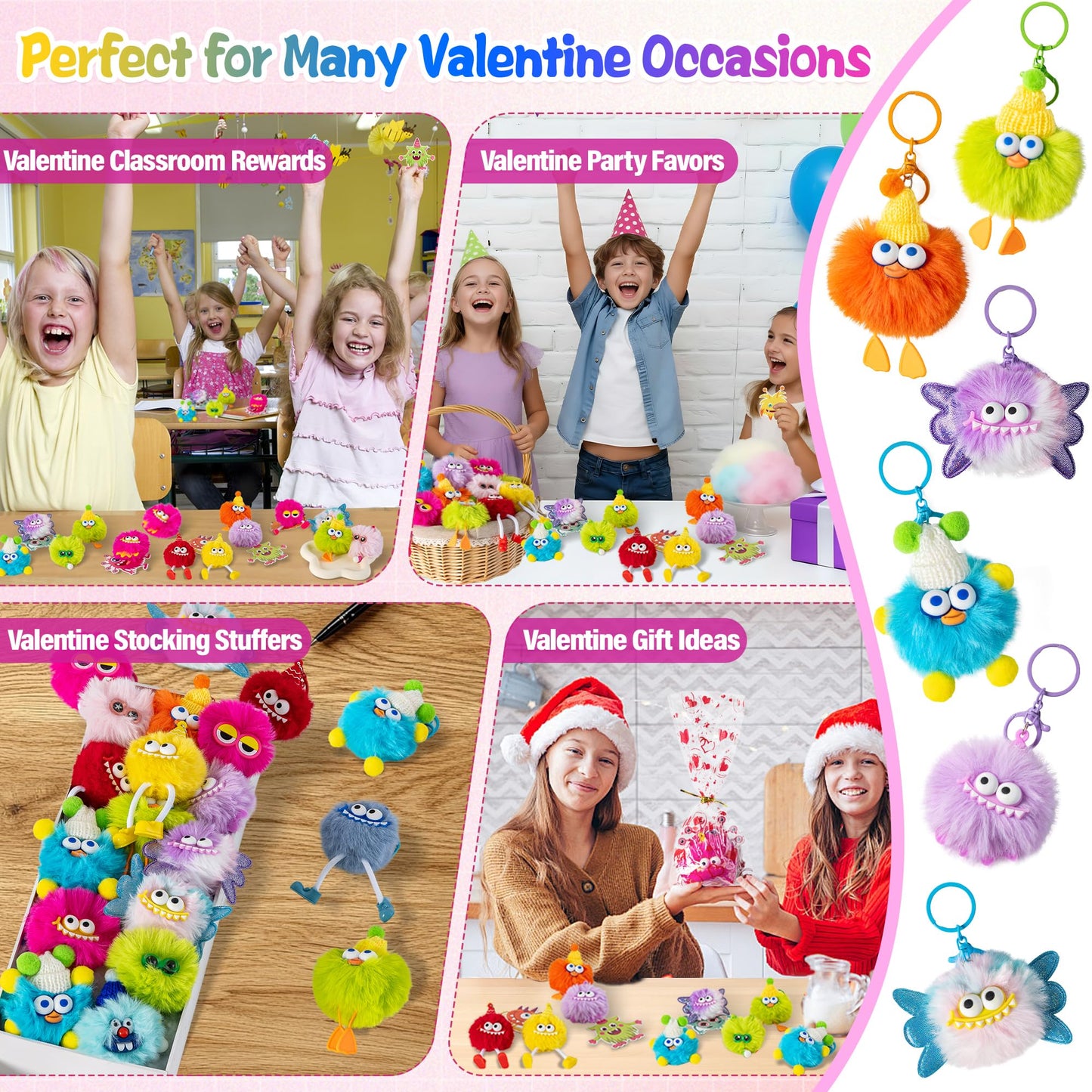 Kiddelo 28-Pack Monster Plush Keychains for Classroom Valentines – Non-Candy Cards, Treat Bags & Twists