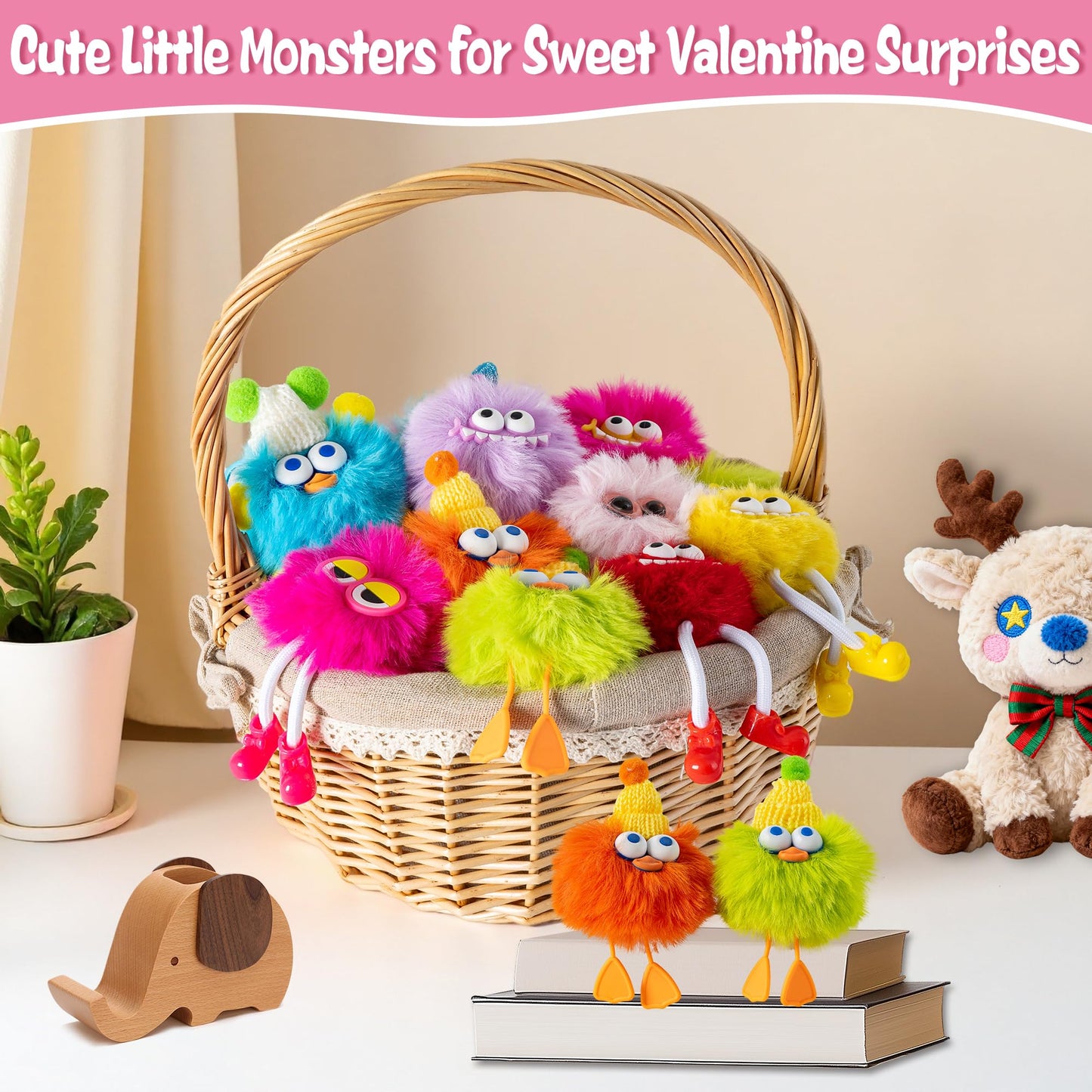 Kiddelo 28-Pack Monster Plush Keychains for Classroom Valentines – Non-Candy Cards, Treat Bags & Twists
