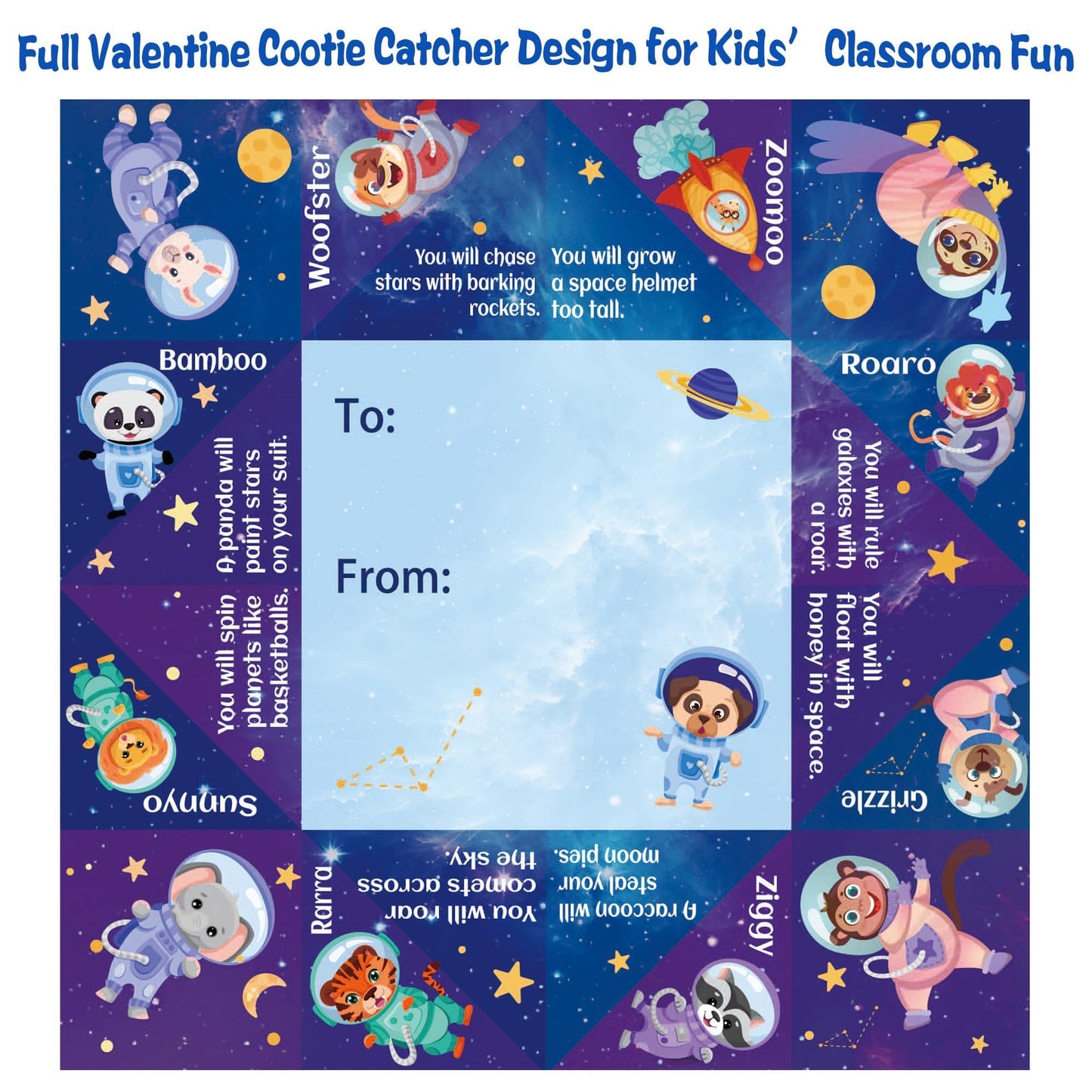 Kiddelo 28-Pack Valentines Day Cards for Kids – Space Themed Cootie Catcher with Envelopes