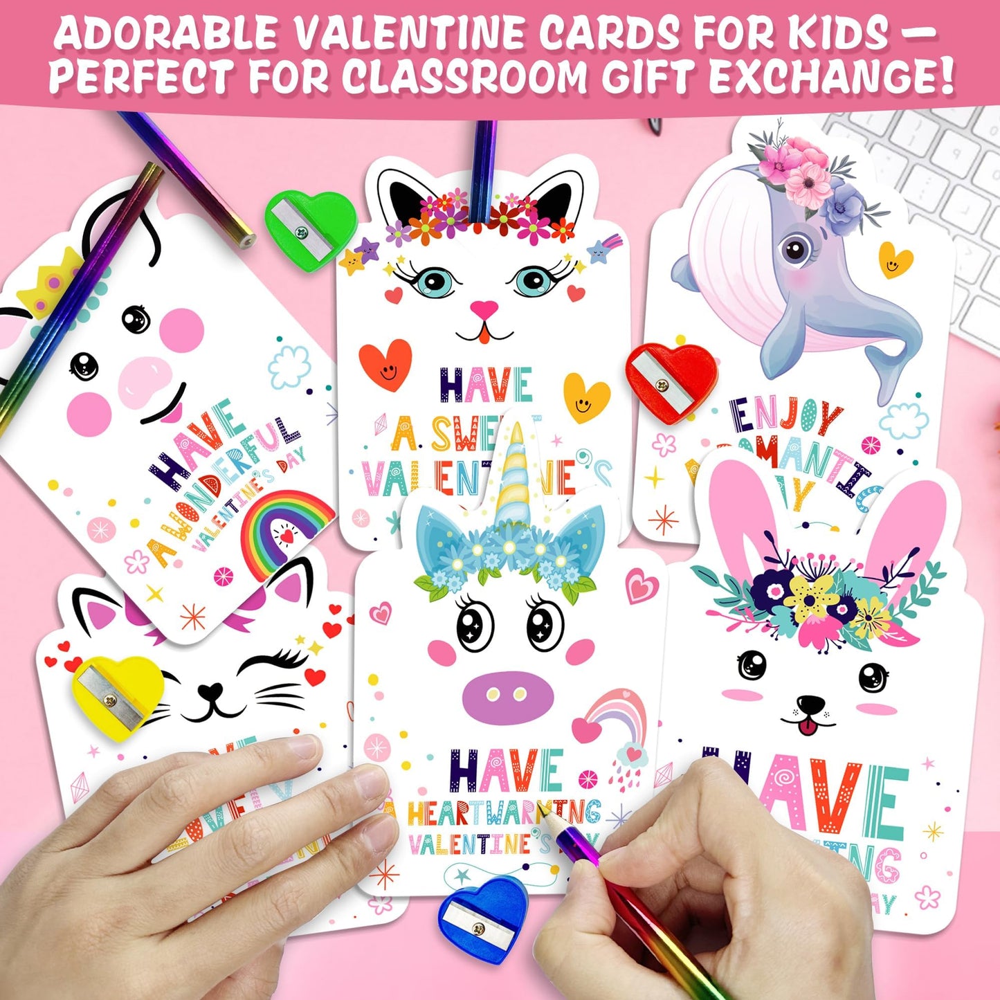 Kiddelo 28 Pack Valentines Cards with Rainbow Pencils & Sharpener | Cute Animal Classroom Gifts