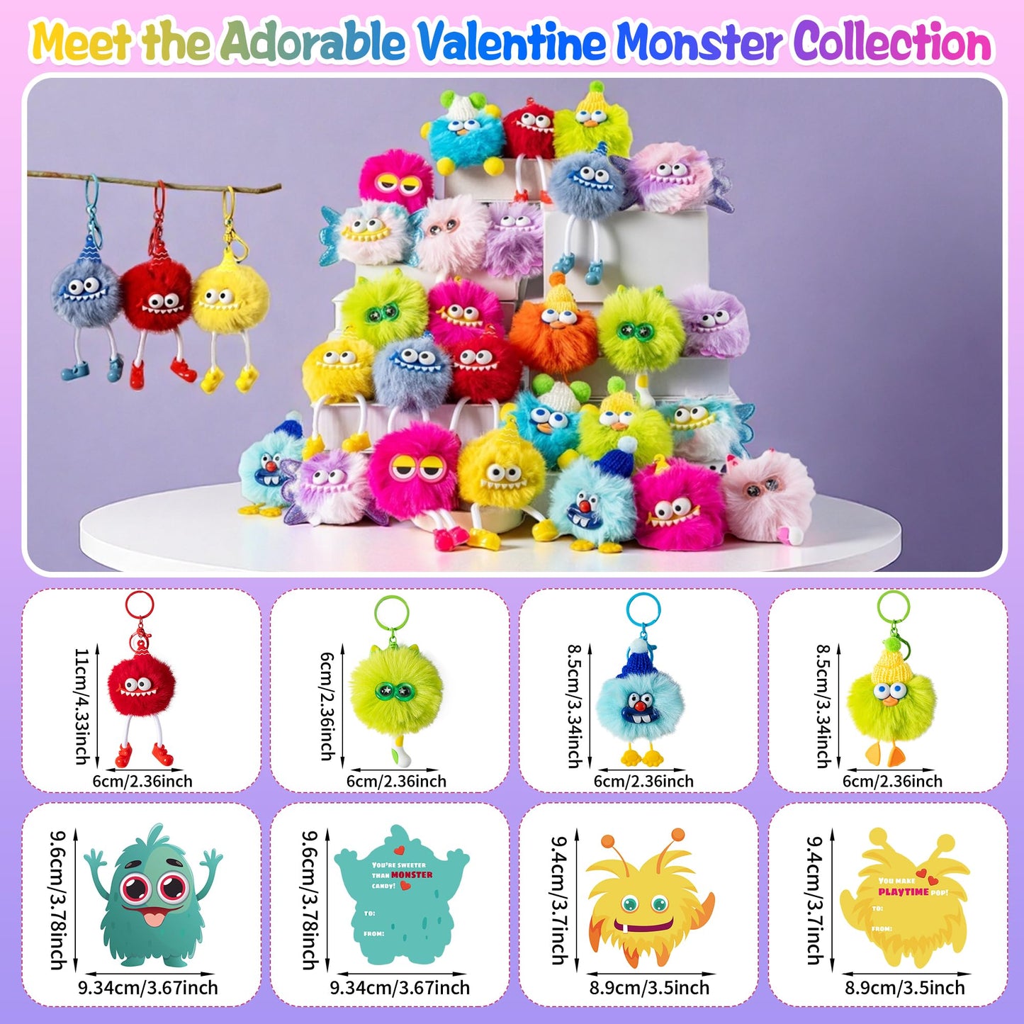 Kiddelo 28-Pack Monster Plush Keychains for Classroom Valentines – Non-Candy Cards, Treat Bags & Twists