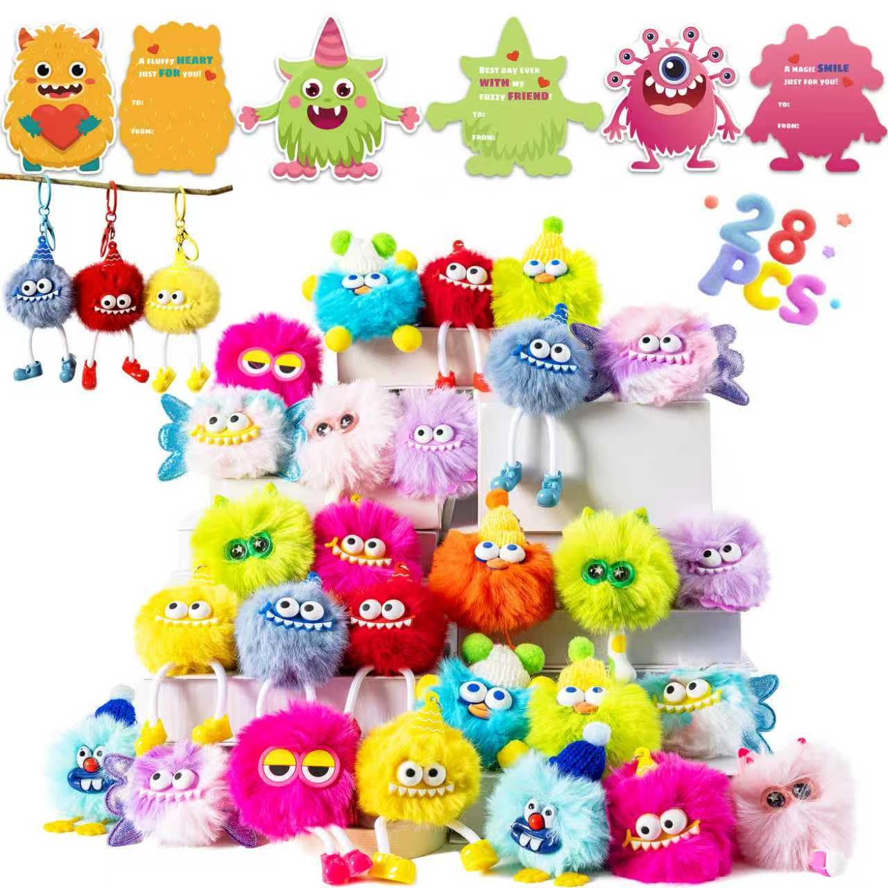 Kiddelo 28-Pack Monster Plush Keychains for Classroom Valentines – Non-Candy Cards, Treat Bags & Twists