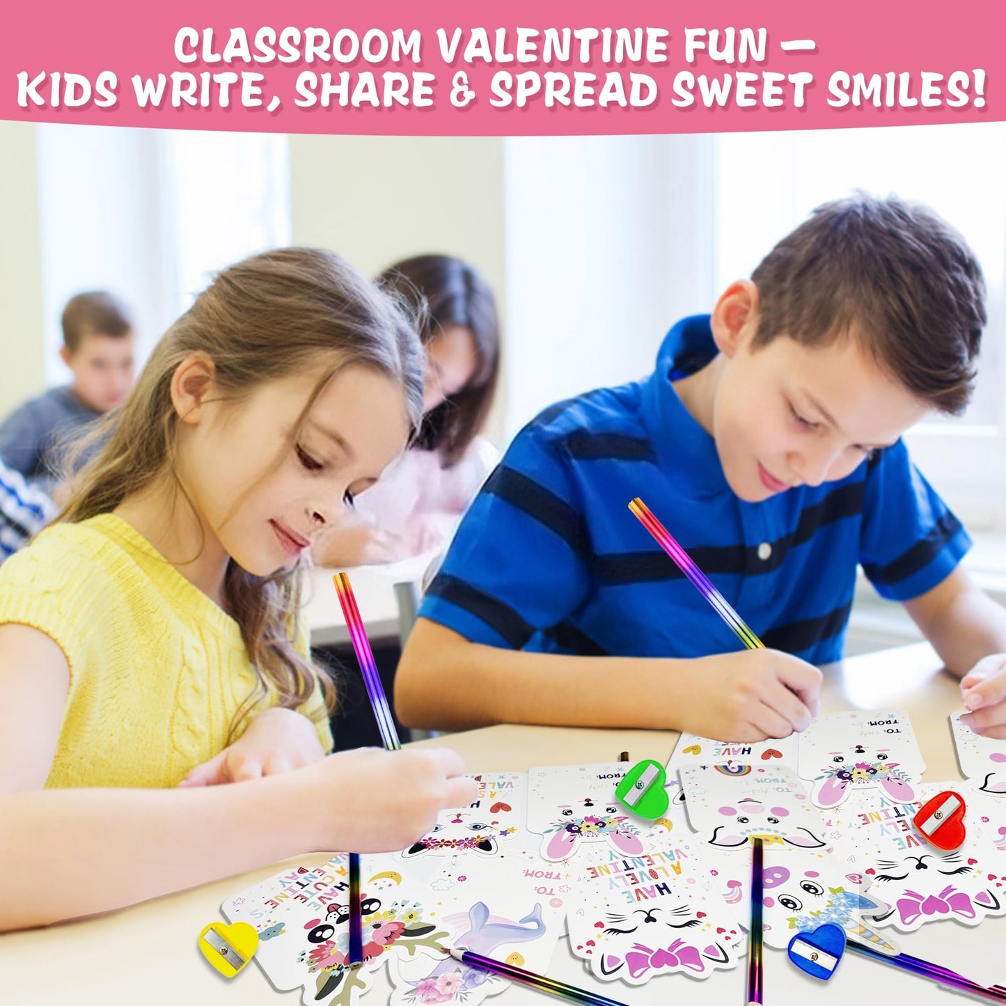 Kiddelo 28 Pack Valentines Cards with Rainbow Pencils & Sharpener | Cute Animal Classroom Gifts