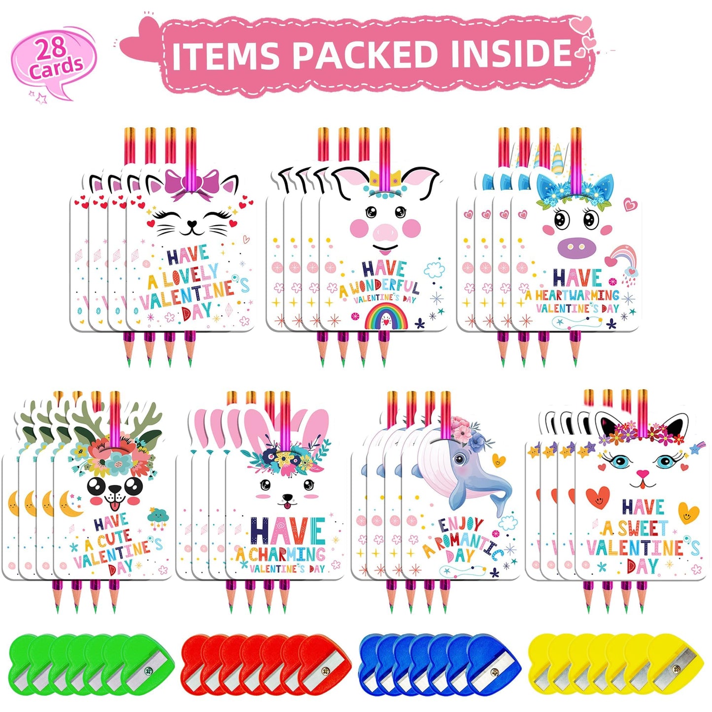 Kiddelo 28 Pack Valentines Cards with Rainbow Pencils & Sharpener | Cute Animal Classroom Gifts
