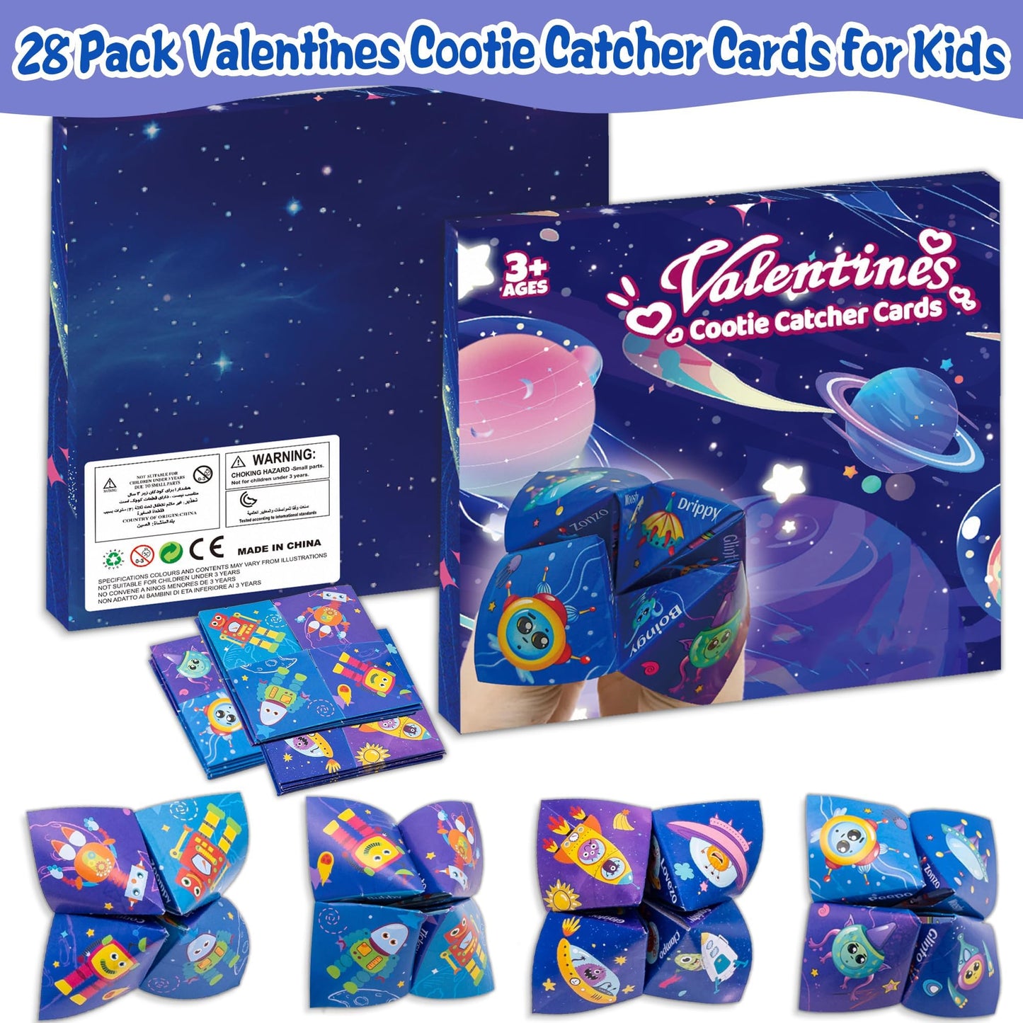 Kiddelo 28-Pack Valentines Day Cards for Kids – Space Themed Cootie Catcher with Envelopes