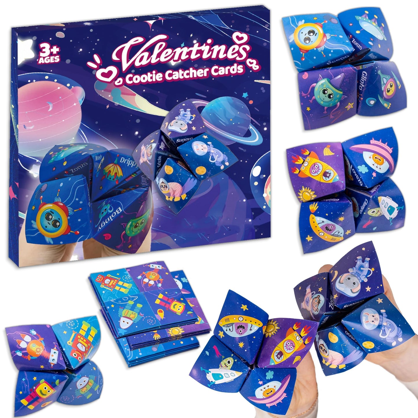 Kiddelo 28-Pack Valentines Day Cards for Kids – Space Themed Cootie Catcher with Envelopes