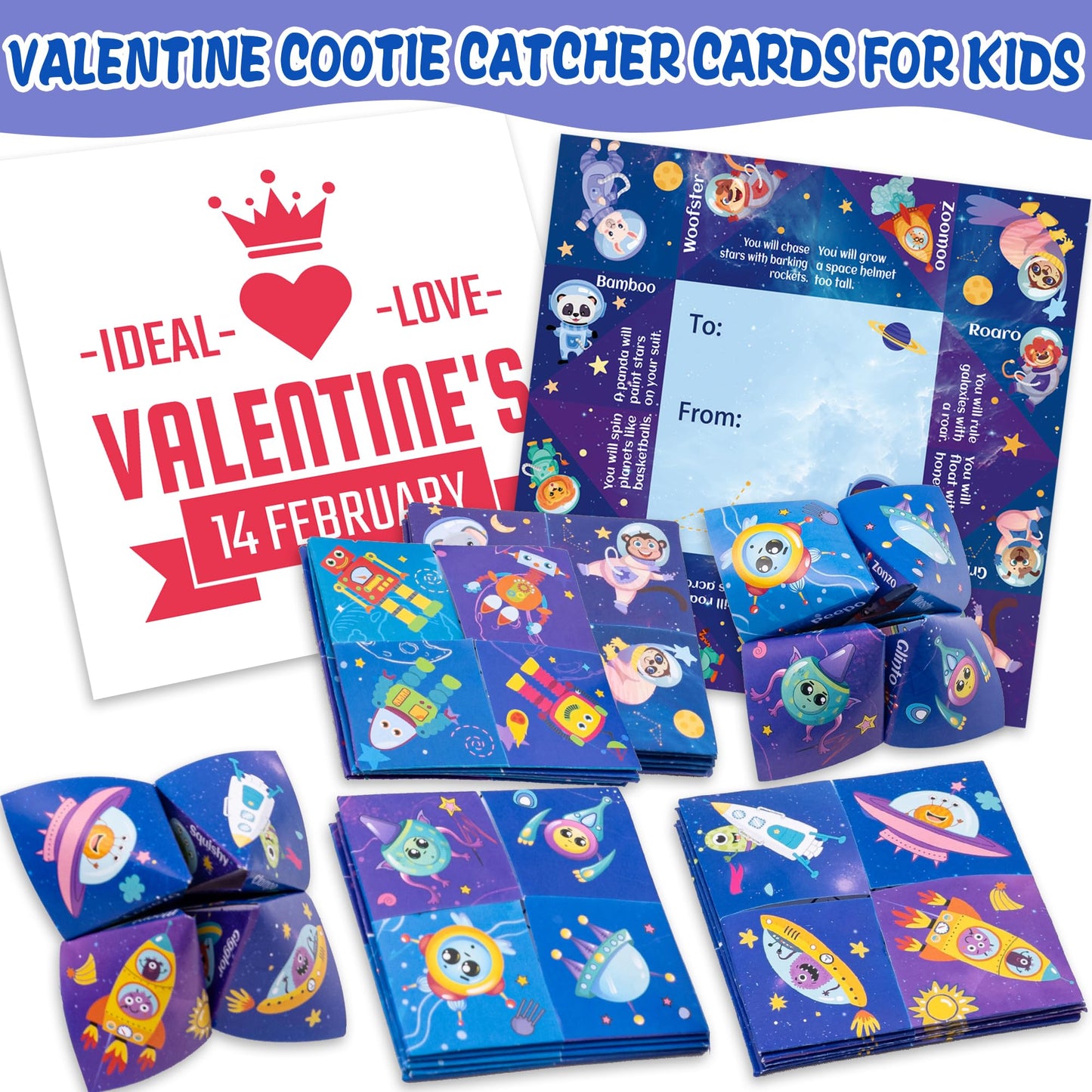 Kiddelo 28-Pack Valentines Day Cards for Kids – Space Themed Cootie Catcher with Envelopes