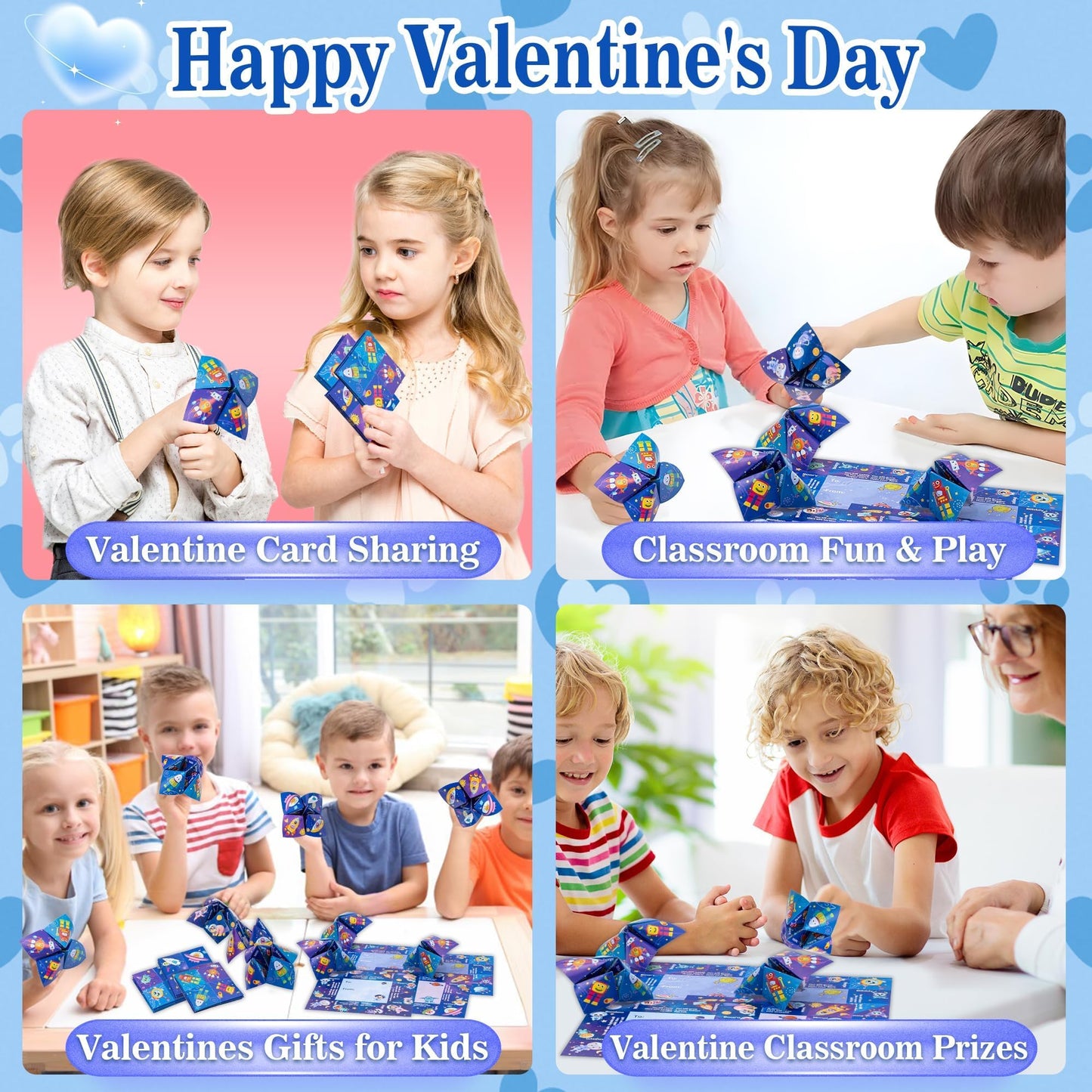 Kiddelo 28-Pack Valentines Day Cards for Kids – Space Themed Cootie Catcher with Envelopes