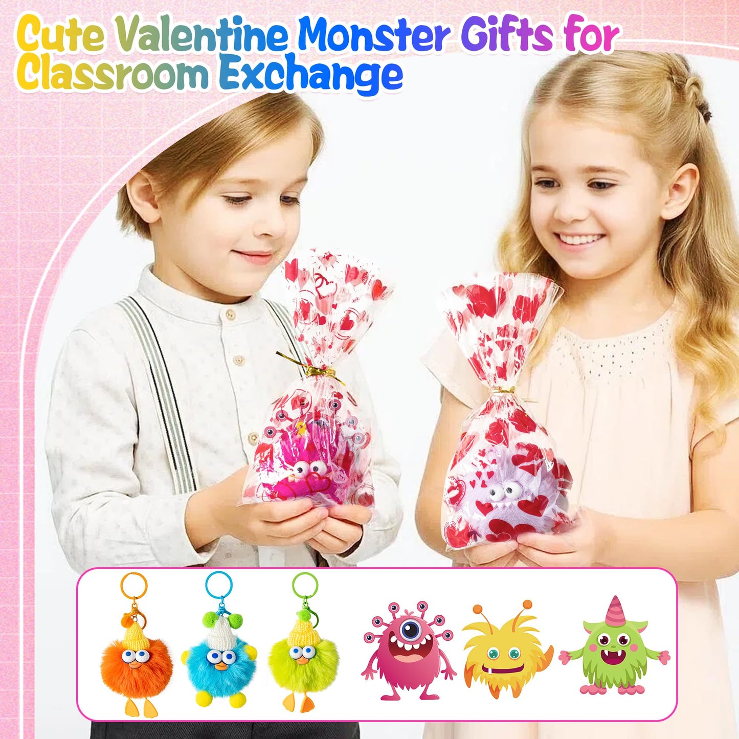 Kiddelo 28-Pack Monster Plush Keychains for Classroom Valentines – Non-Candy Cards, Treat Bags & Twists