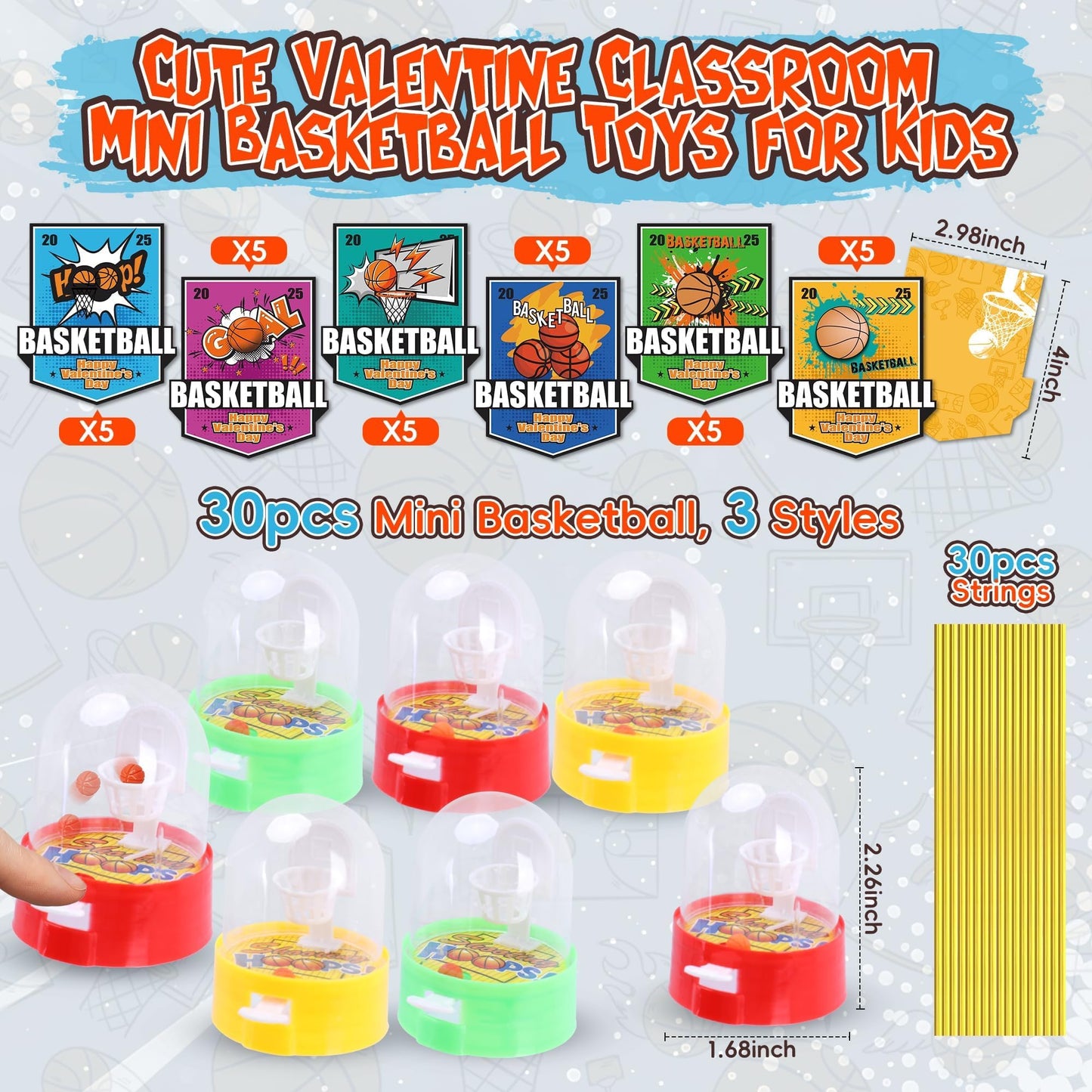 Kiddelo 30-Pack Valentines Day Gifts for Kids | Mini Basketball Shooting Games with Cards & Bags