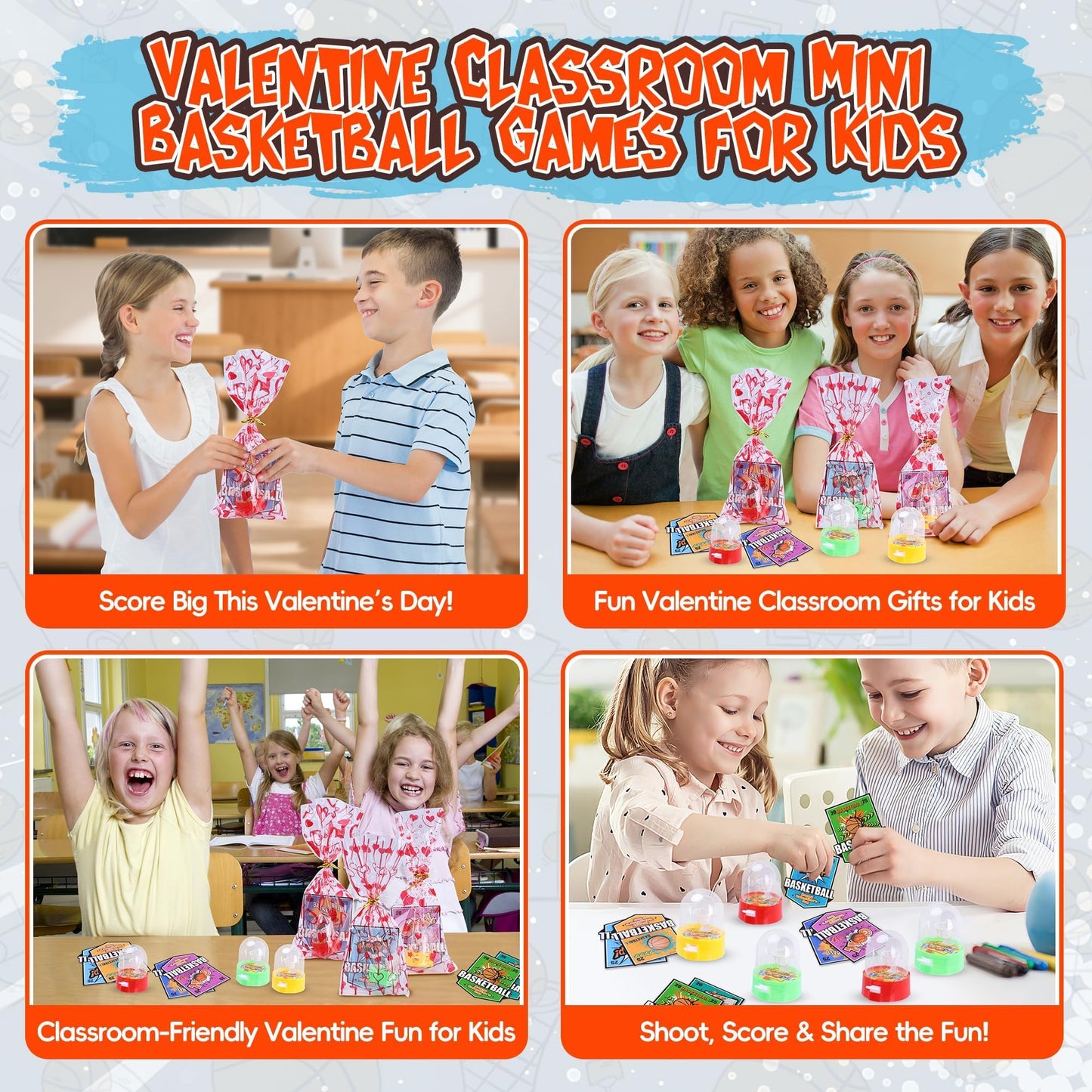 Kiddelo 30-Pack Valentines Day Gifts for Kids | Mini Basketball Shooting Games with Cards & Bags