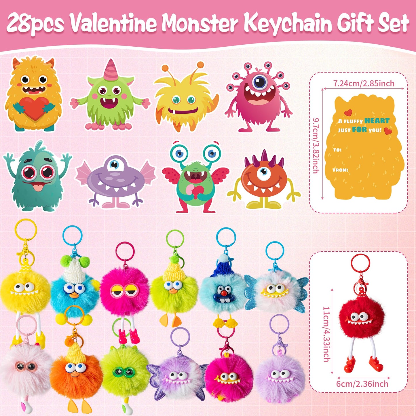 Kiddelo 28-Pack Monster Plush Keychains for Classroom Valentines – Non-Candy Cards, Treat Bags & Twists