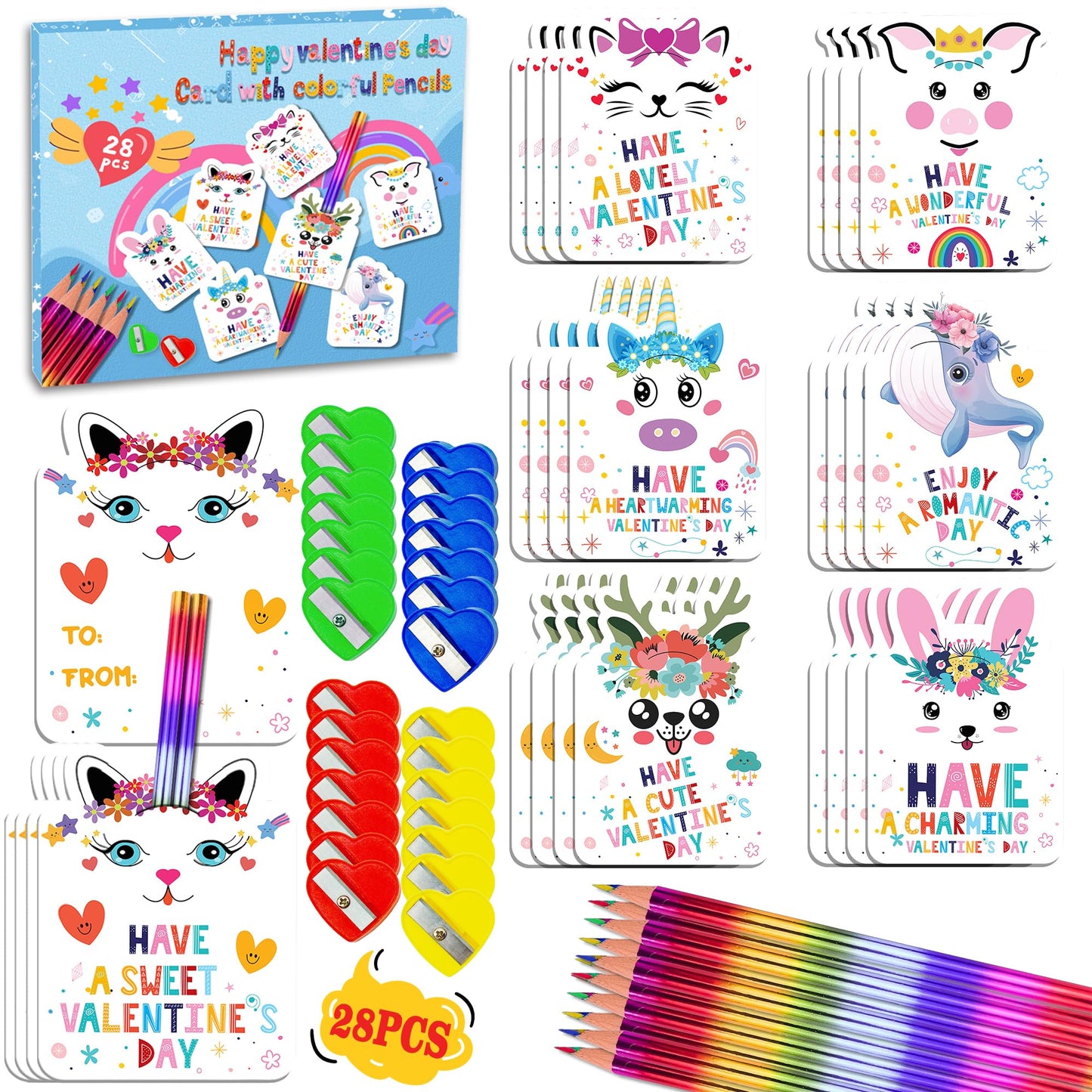 Kiddelo 28 Pack Valentines Cards with Rainbow Pencils & Sharpener | Cute Animal Classroom Gifts