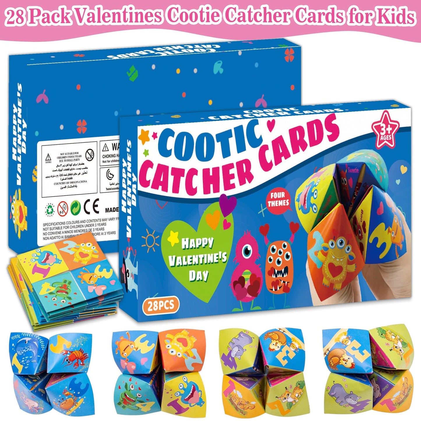 Kiddelo 28-Pack Valentines Day Cards for Kids – Cootie Catcher Fortune Teller Cards with 4 Designs & Envelopes (Non-Candy)