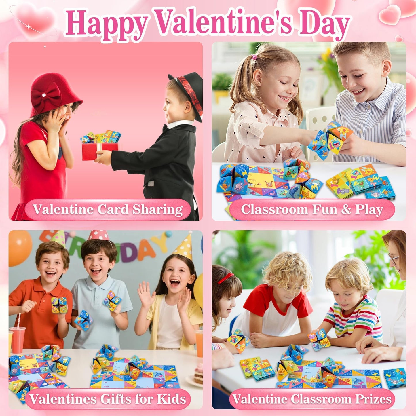 Kiddelo 28-Pack Valentines Day Cards for Kids – Cootie Catcher Fortune Teller Cards with 4 Designs & Envelopes (Non-Candy)
