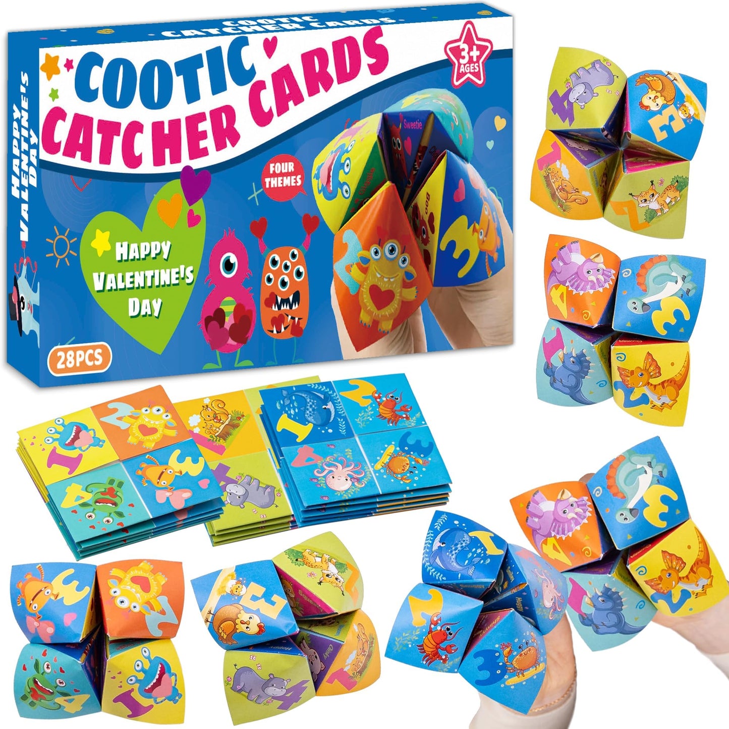 Kiddelo 28-Pack Valentines Day Cards for Kids – Cootie Catcher Fortune Teller Cards with 4 Designs & Envelopes (Non-Candy)