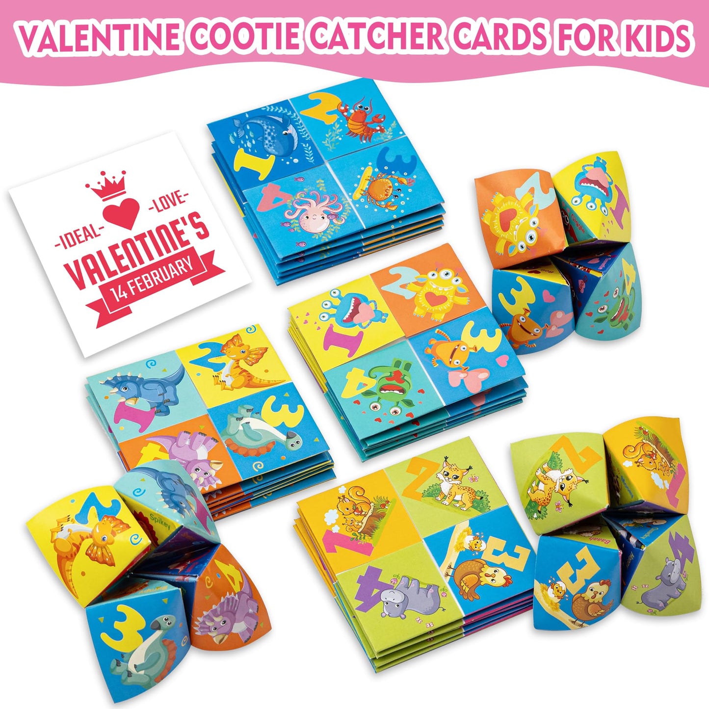 Kiddelo 28-Pack Valentines Day Cards for Kids – Cootie Catcher Fortune Teller Cards with 4 Designs & Envelopes (Non-Candy)