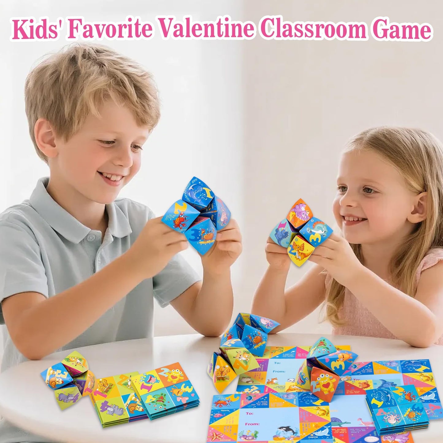 Kiddelo 28-Pack Valentines Day Cards for Kids – Cootie Catcher Fortune Teller Cards with 4 Designs & Envelopes (Non-Candy)