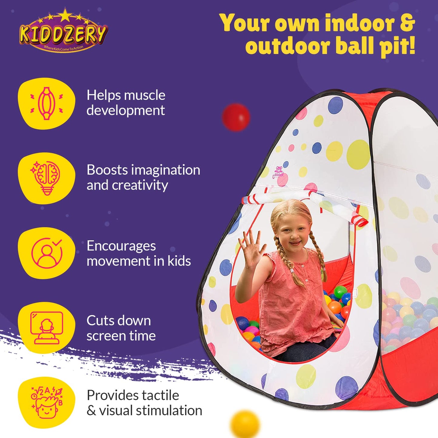 Kiddey Kids Ball Pit Pop Up Play Tent – 50 Balls Included