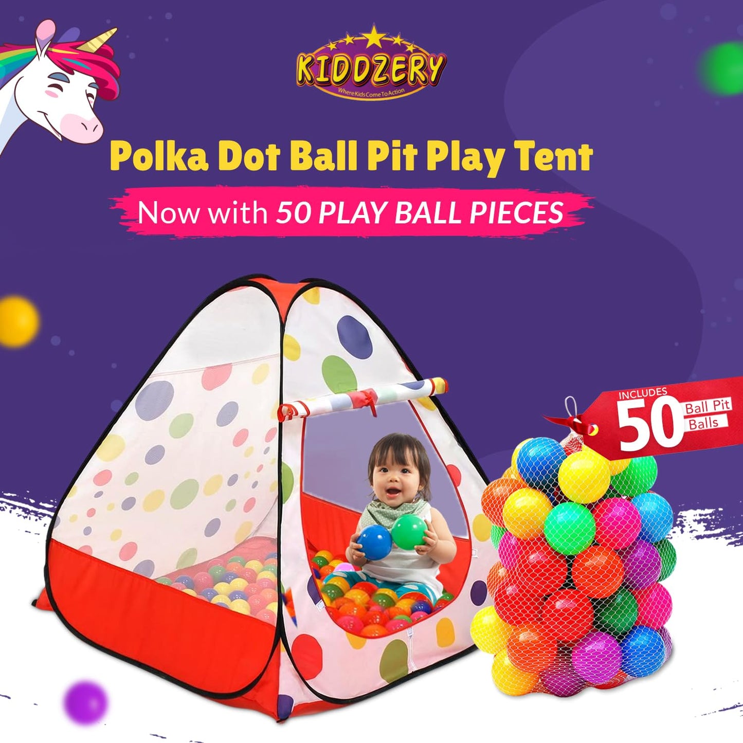 Kiddey Kids Ball Pit Pop Up Play Tent – 50 Balls Included