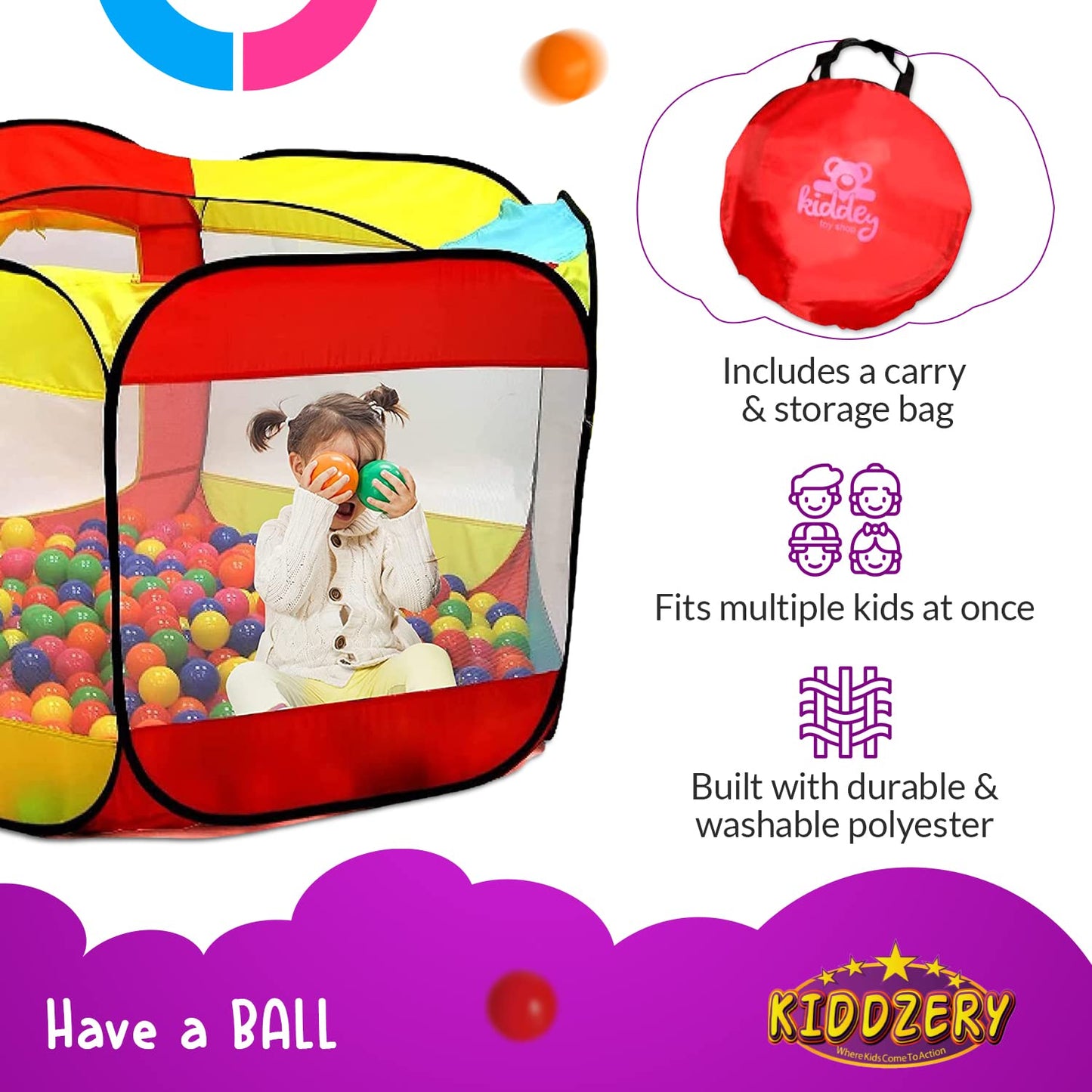 Kiddey Kids Ball Pit Pop Up Tent – Large Indoor/Outdoor Play Space (50 Balls Included)
