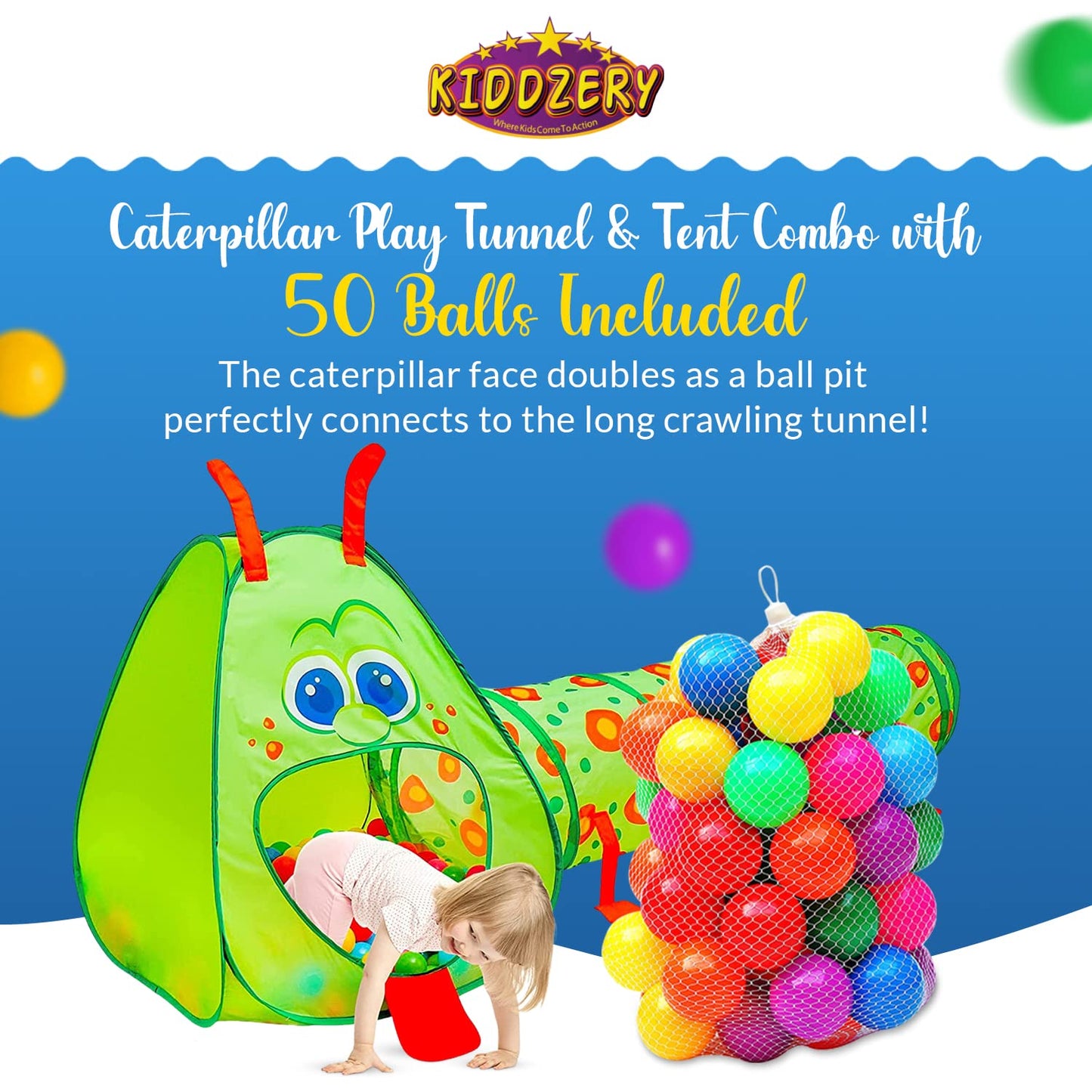 Kiddey Caterpillar Play Tunnel & Tent with 50 Balls – Indoor/Outdoor Crawl Through Ball Pit