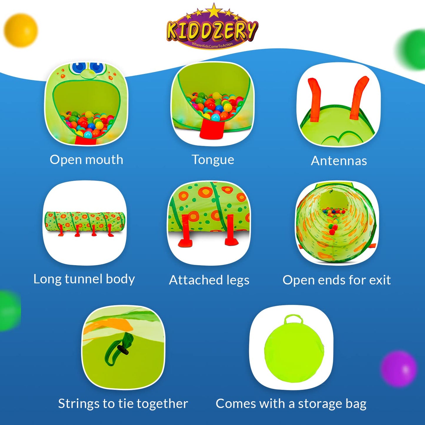 Kiddey Caterpillar Play Tunnel & Tent with 50 Balls – Indoor/Outdoor Crawl Through Ball Pit