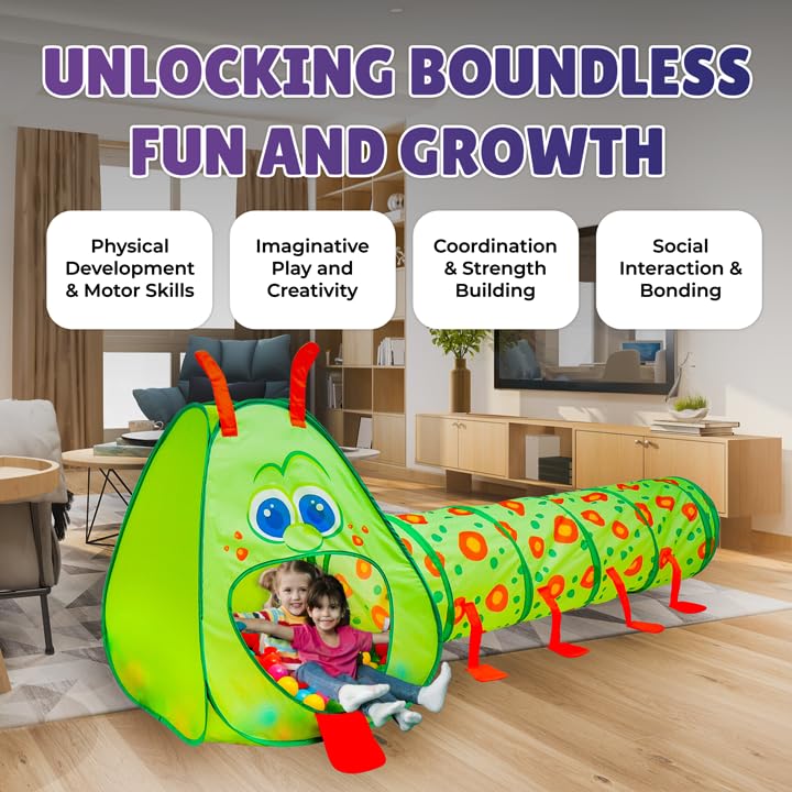 Kiddey Caterpillar Play Tunnel & Tent – Toddler Pop-Up Crawl Tunnel & Indoor/Outdoor Playset