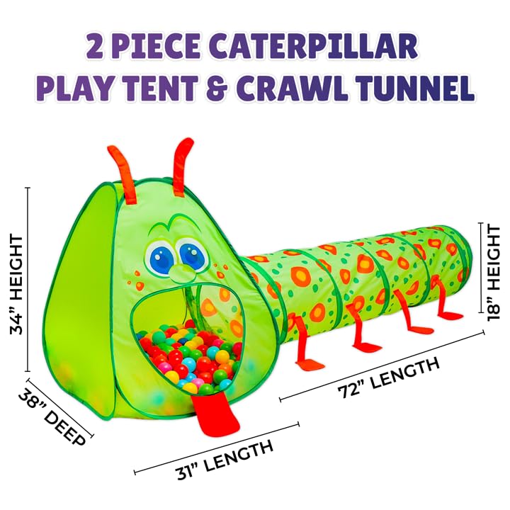 Kiddey Caterpillar Play Tunnel & Tent – Toddler Pop-Up Crawl Tunnel & Indoor/Outdoor Playset
