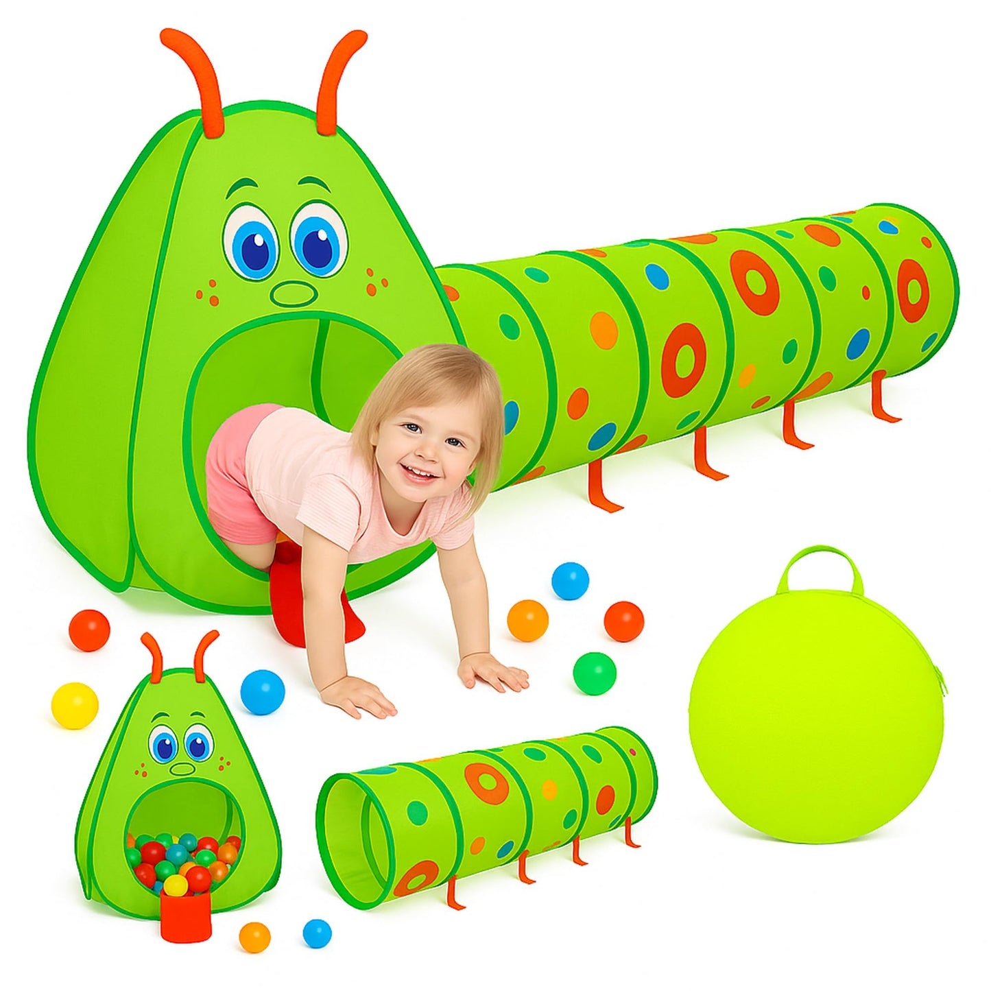Kiddey Caterpillar Play Tunnel & Tent – Toddler Pop-Up Crawl Tunnel & Indoor/Outdoor Playset