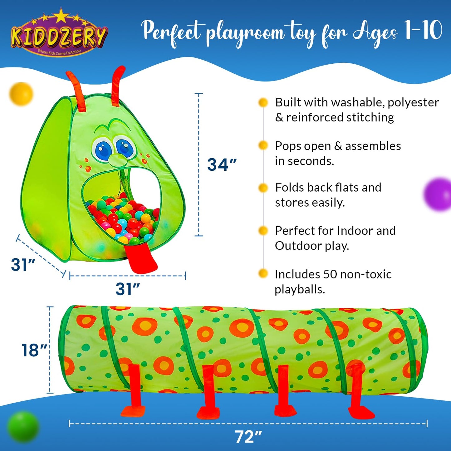 Kiddey Caterpillar Play Tunnel & Tent with 50 Balls – Indoor/Outdoor Crawl Through Ball Pit