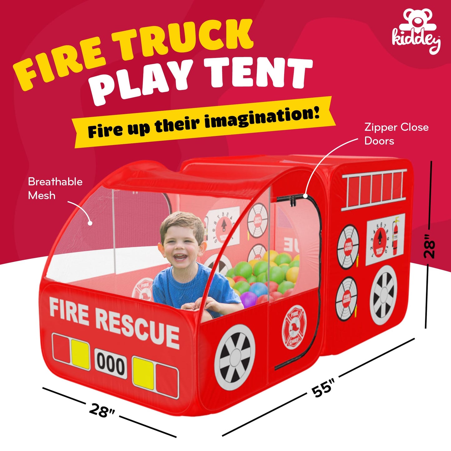 Kiddey Fire Truck Play Tent for Kids — Siren Sounds, Pop-Up Design, Indoor/Outdoor Playhouse (Red)