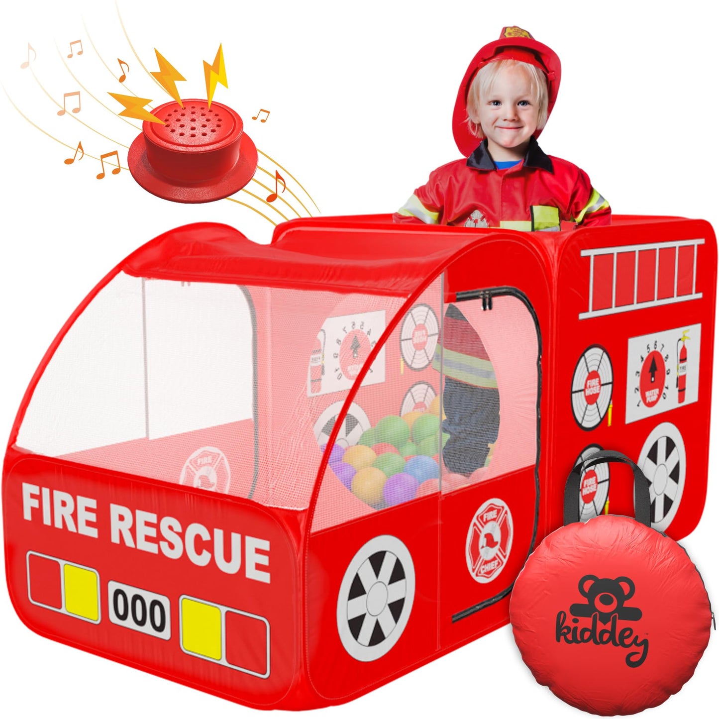 Kiddey Fire Truck Play Tent for Kids — Siren Sounds, Pop-Up Design, Indoor/Outdoor Playhouse (Red)
