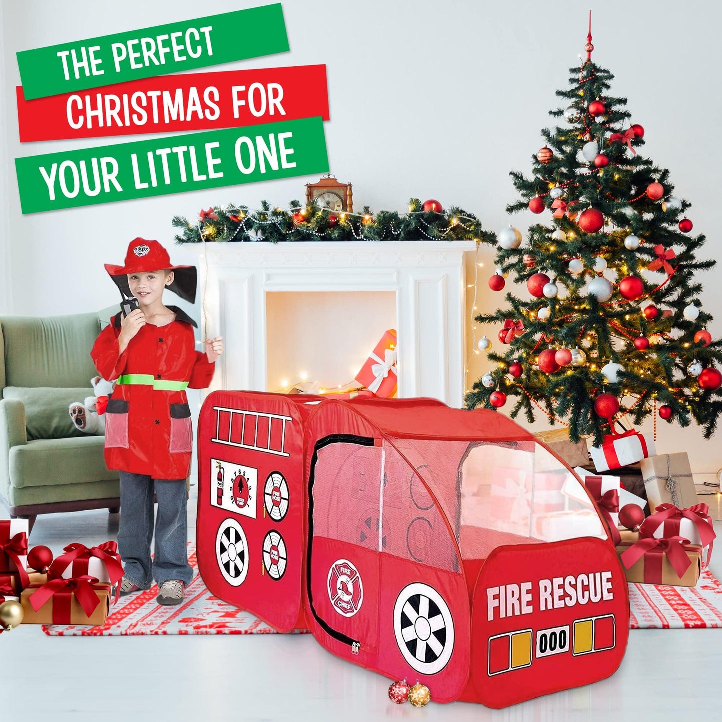 Kiddey Fire Truck Play Tent for Kids — Siren Sounds, Pop-Up Design, Indoor/Outdoor Playhouse (Red)