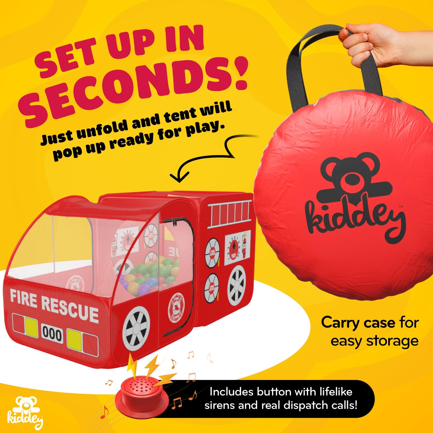 Kiddey Fire Truck Play Tent for Kids — Siren Sounds, Pop-Up Design, Indoor/Outdoor Playhouse (Red)