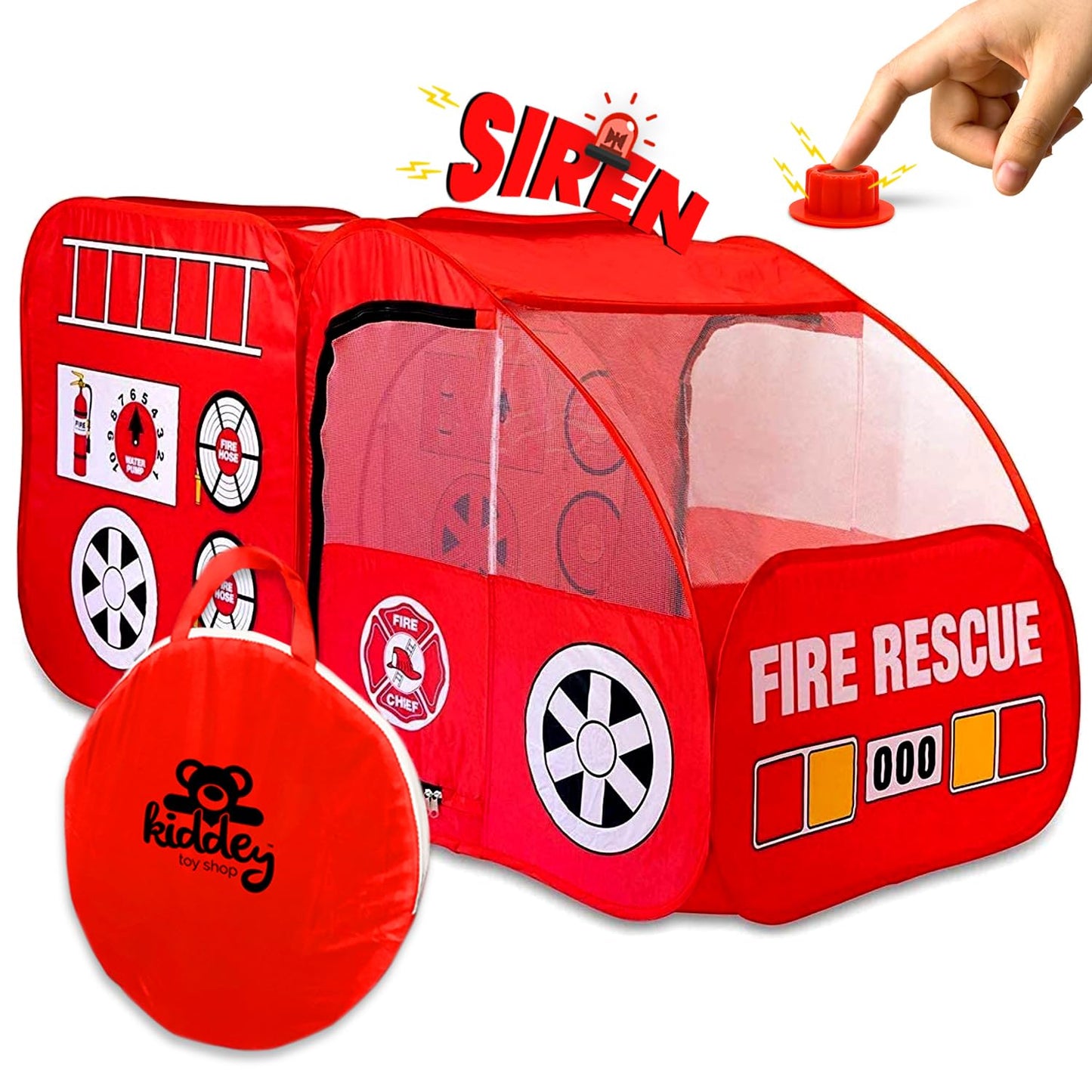 Kiddey Fire Truck Play Tent for Kids — Siren Sounds, Pop-Up Design, Indoor/Outdoor Playhouse (Red)
