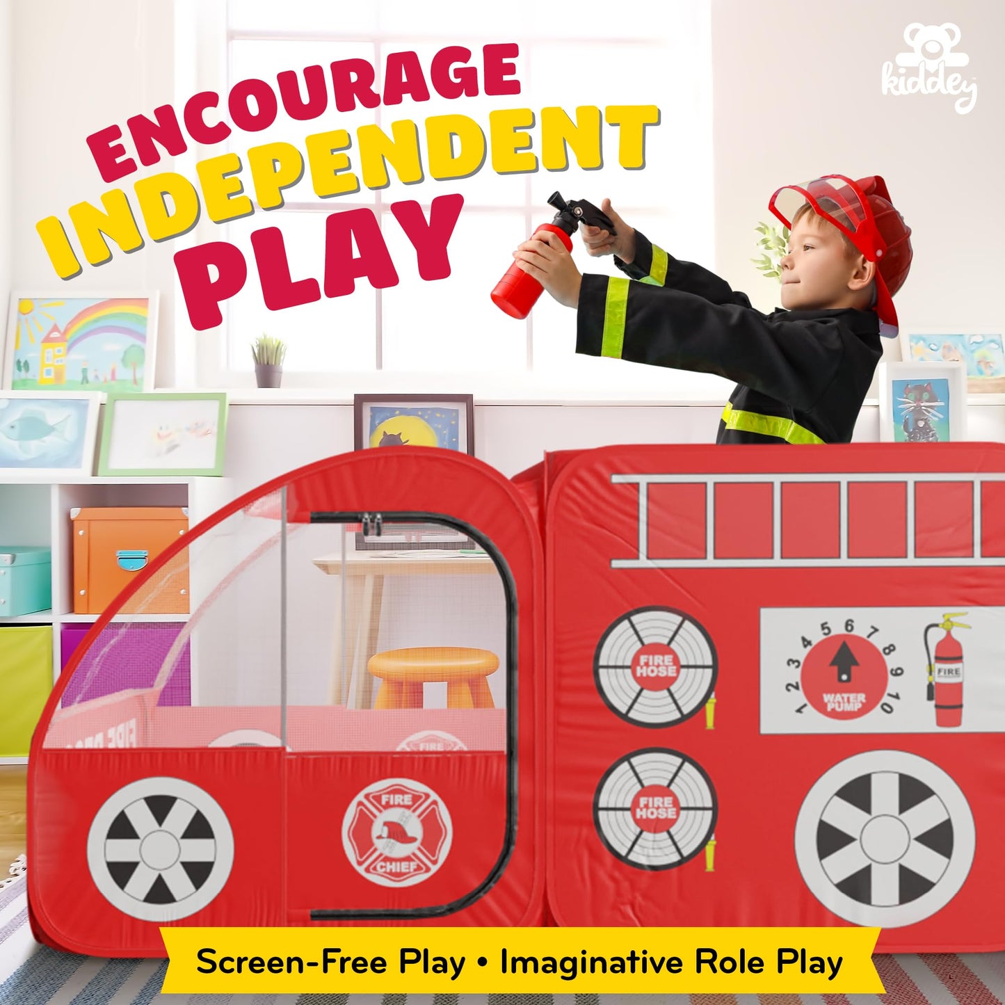 Kiddey Fire Truck Play Tent for Kids — Siren Sounds, Pop-Up Design, Indoor/Outdoor Playhouse (Red)
