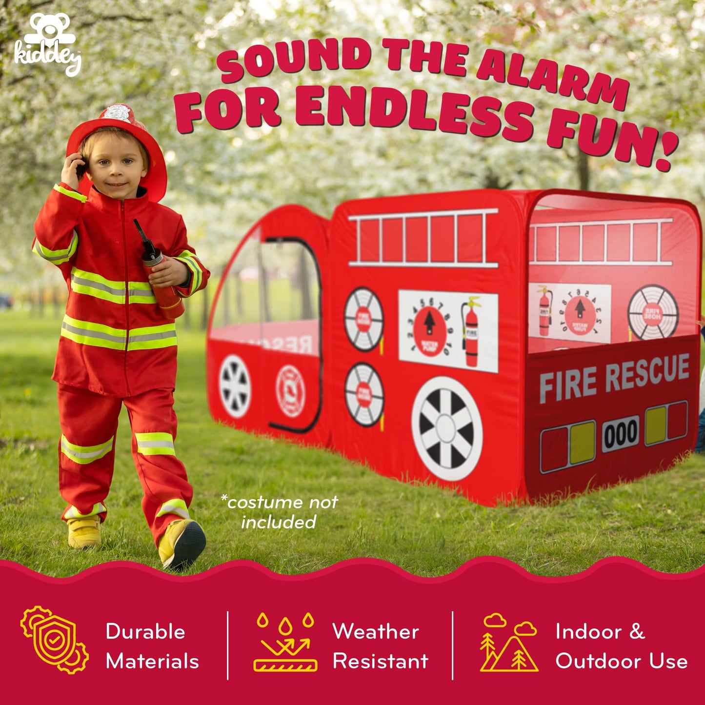 Kiddey Fire Truck Play Tent for Kids — Siren Sounds, Pop-Up Design, Indoor/Outdoor Playhouse (Red)