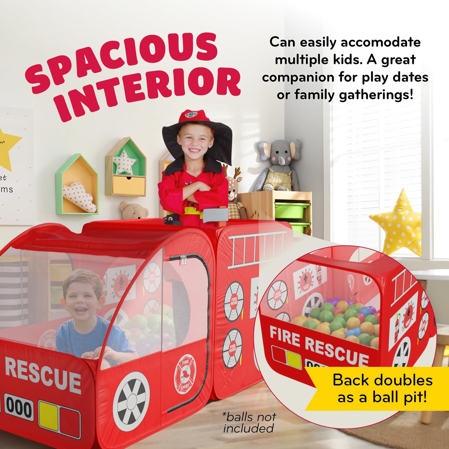 Kiddey Fire Truck Play Tent for Kids — Siren Sounds, Pop-Up Design, Indoor/Outdoor Playhouse (Red)