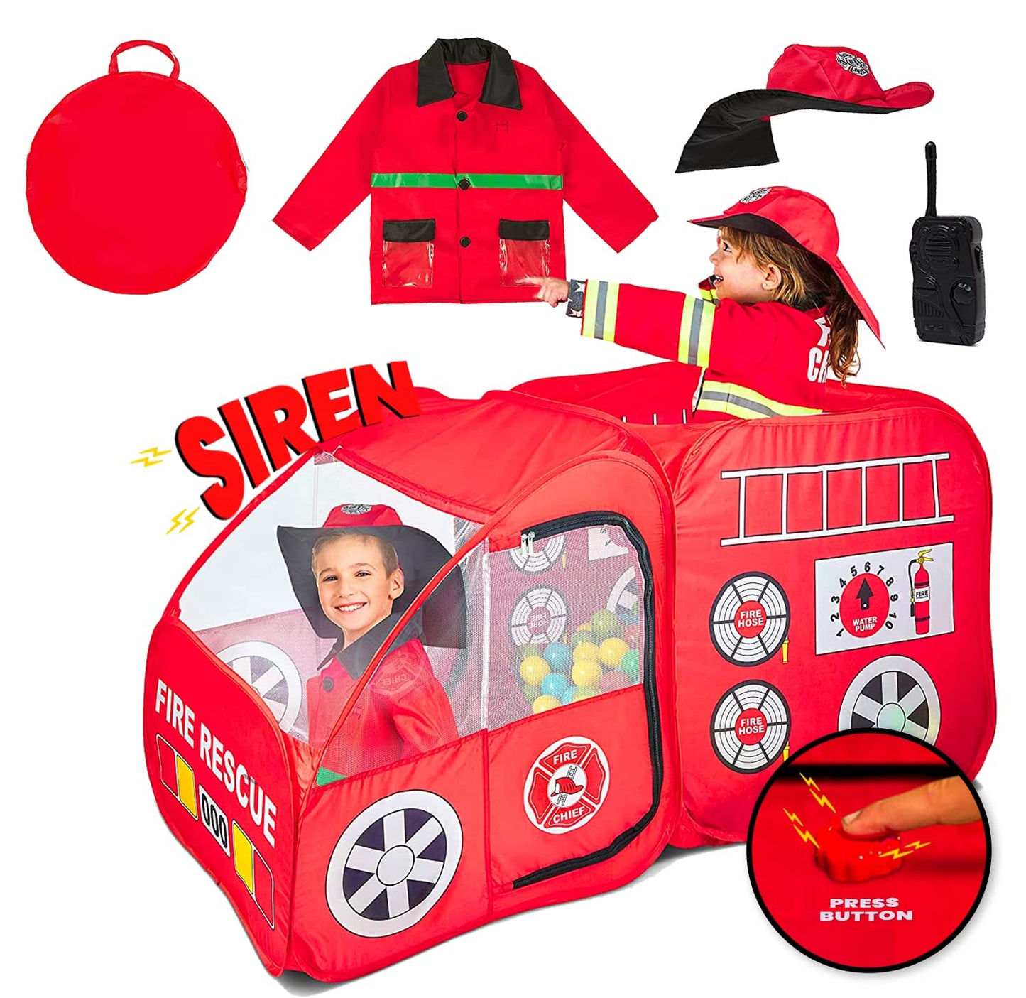 Kiddey Fire Truck Tent for Kids | Fire Truck Play Tent with Sirens & Firefighter Costume