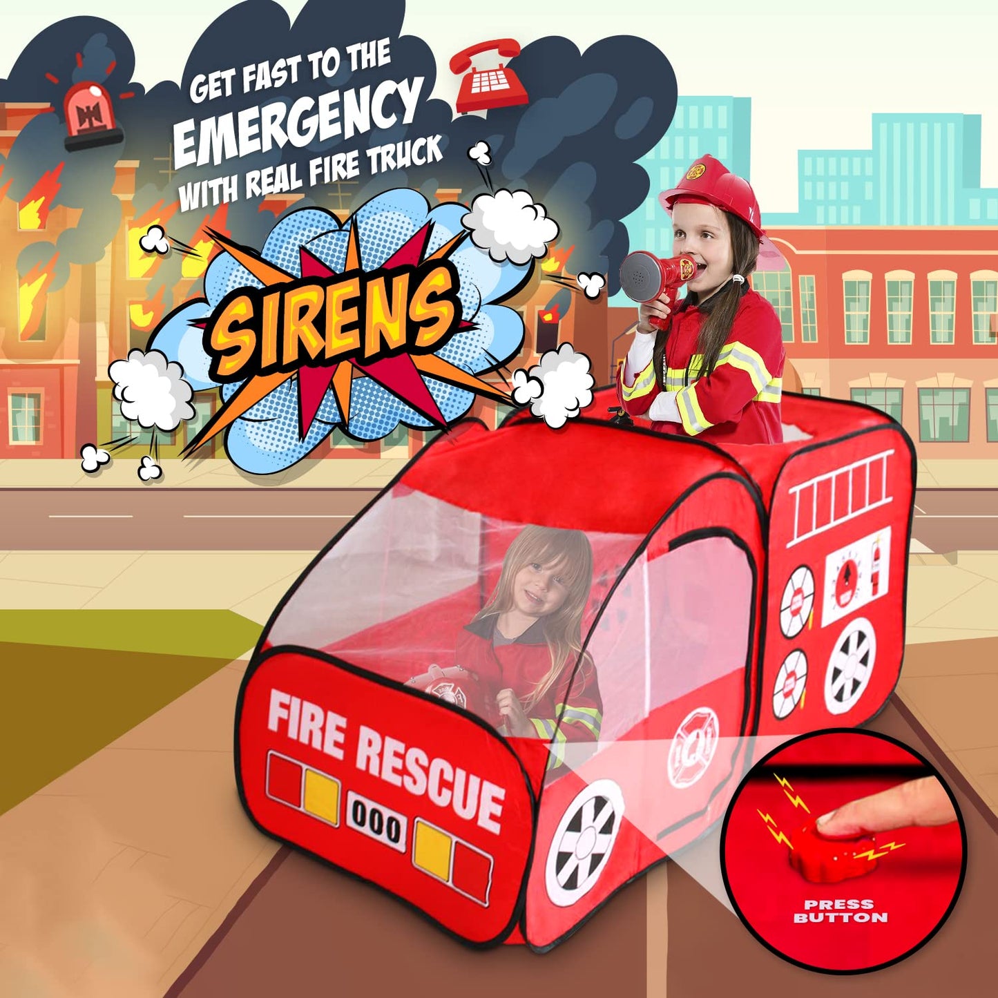 Kiddey Fire Truck Tent for Kids | Fire Truck Play Tent with Sirens & Firefighter Costume