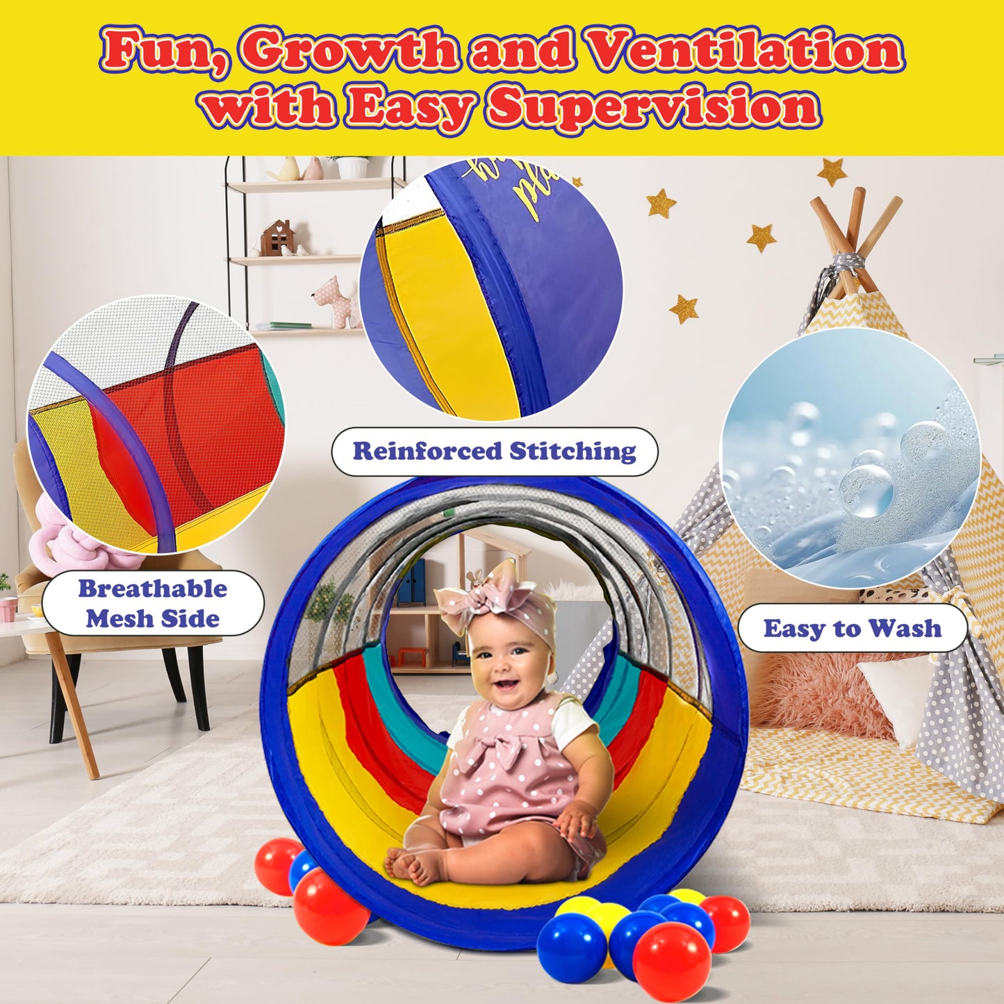 Kiddey Play Tunnel for Kids – See-Through Sides, Pop-Up Crawl Tunnel