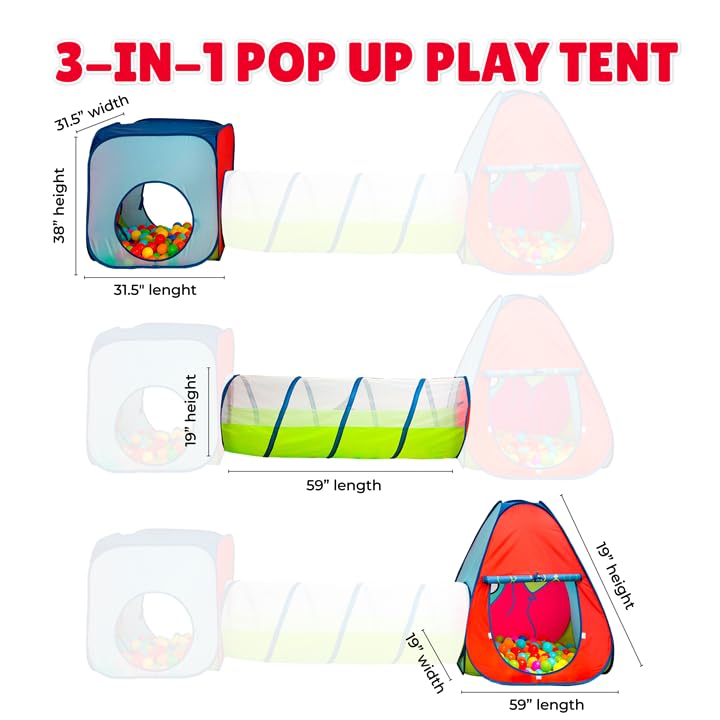 Kiddey Tunnel and Ball Pit Play Tent | 3-in-1 Pop Up Toddler Gym for Indoor & Outdoor Fun