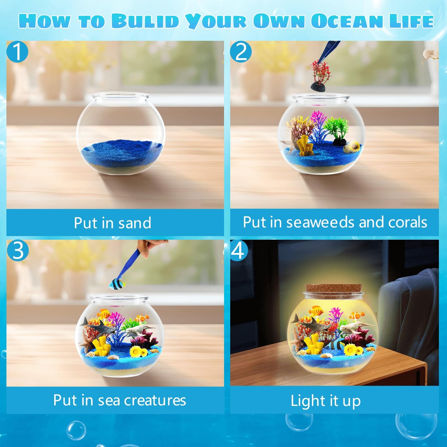 kiddgroo Ocean Light Up Terrarium Kit for Kids – LED Night Light (Ages 4-12)
