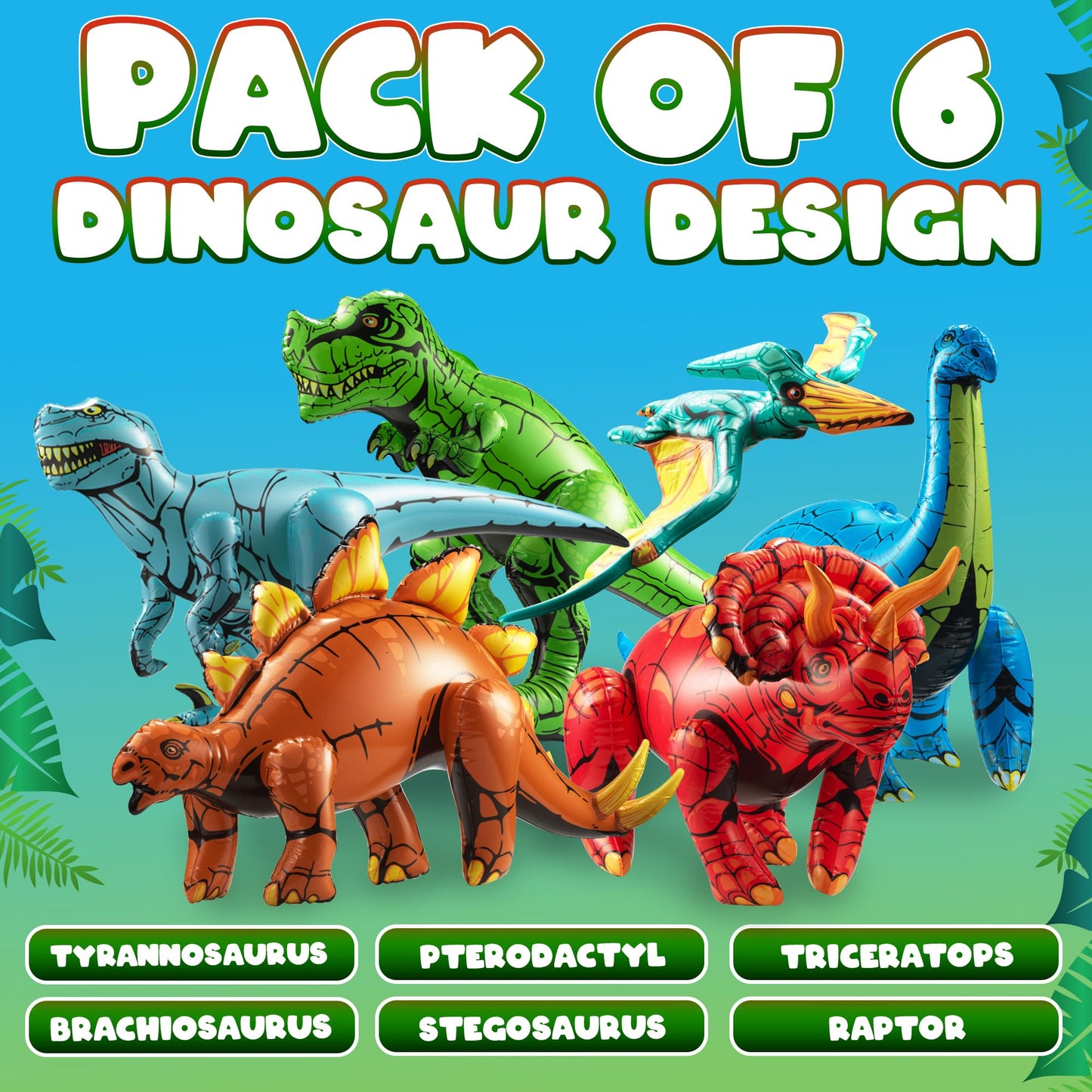 KiddieLoot 6-Pcs Inflatable Dinosaurs (20–26 inches) – Self-Standing Party Decor & Pool Toys