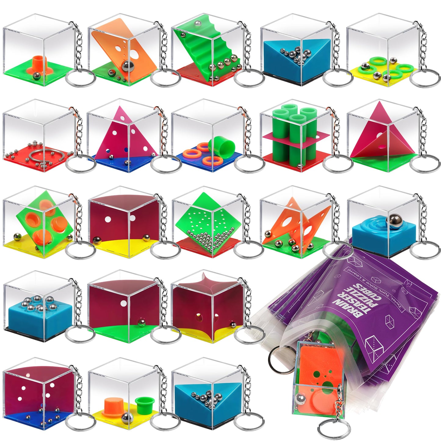 KiddieLoot Brain Teaser Puzzle Cubes on Keychain (24 Pack) – Mini Maze Toys for Kids