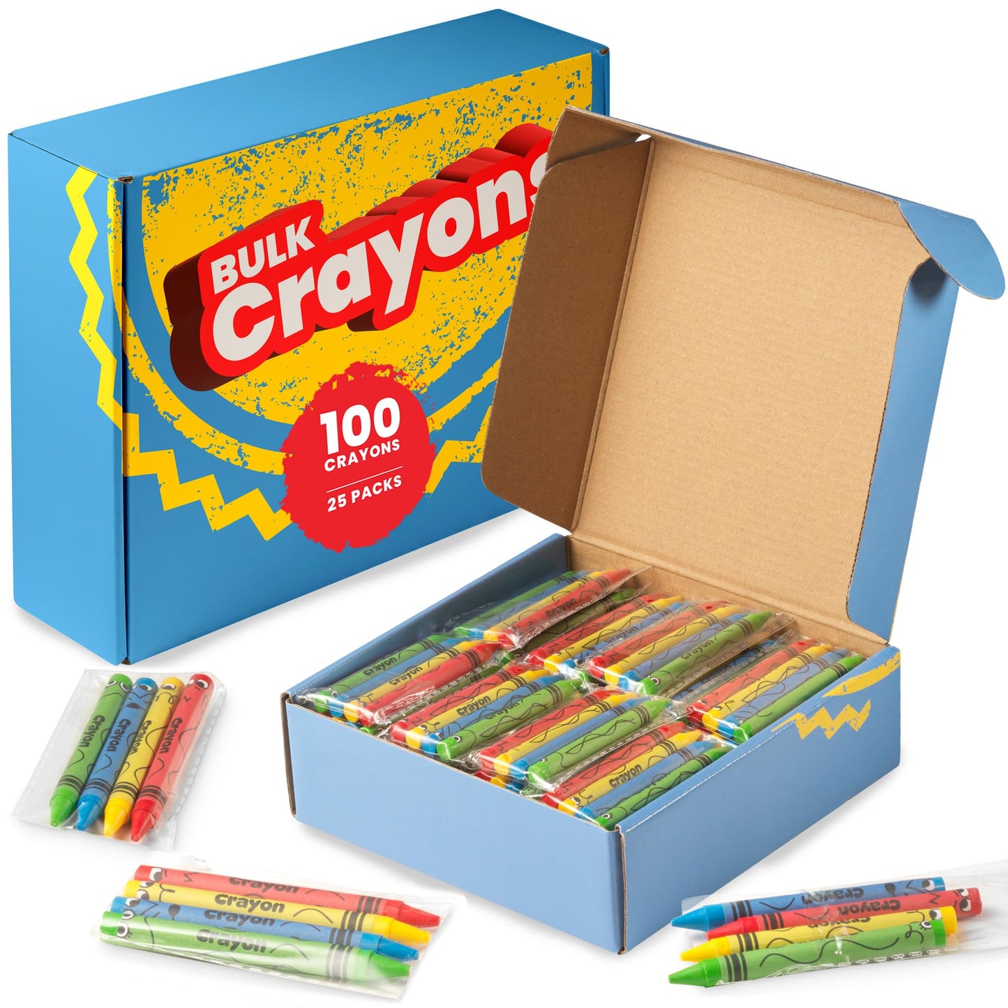 KiddieLoot Bulk Crayons 100 Pack – 25 Sets of 4, Pre-Wrapped Party Favors