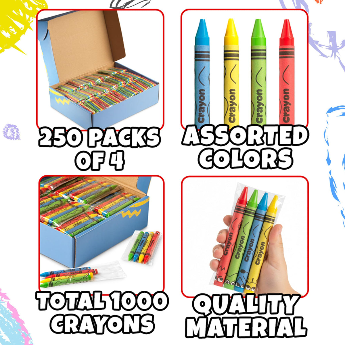 KiddieLoot Bulk Crayons 1000 Pack (250 Sets of 4) – Pre-Wrapped, Non-Toxic, Easy Sharing for Parties, Classrooms